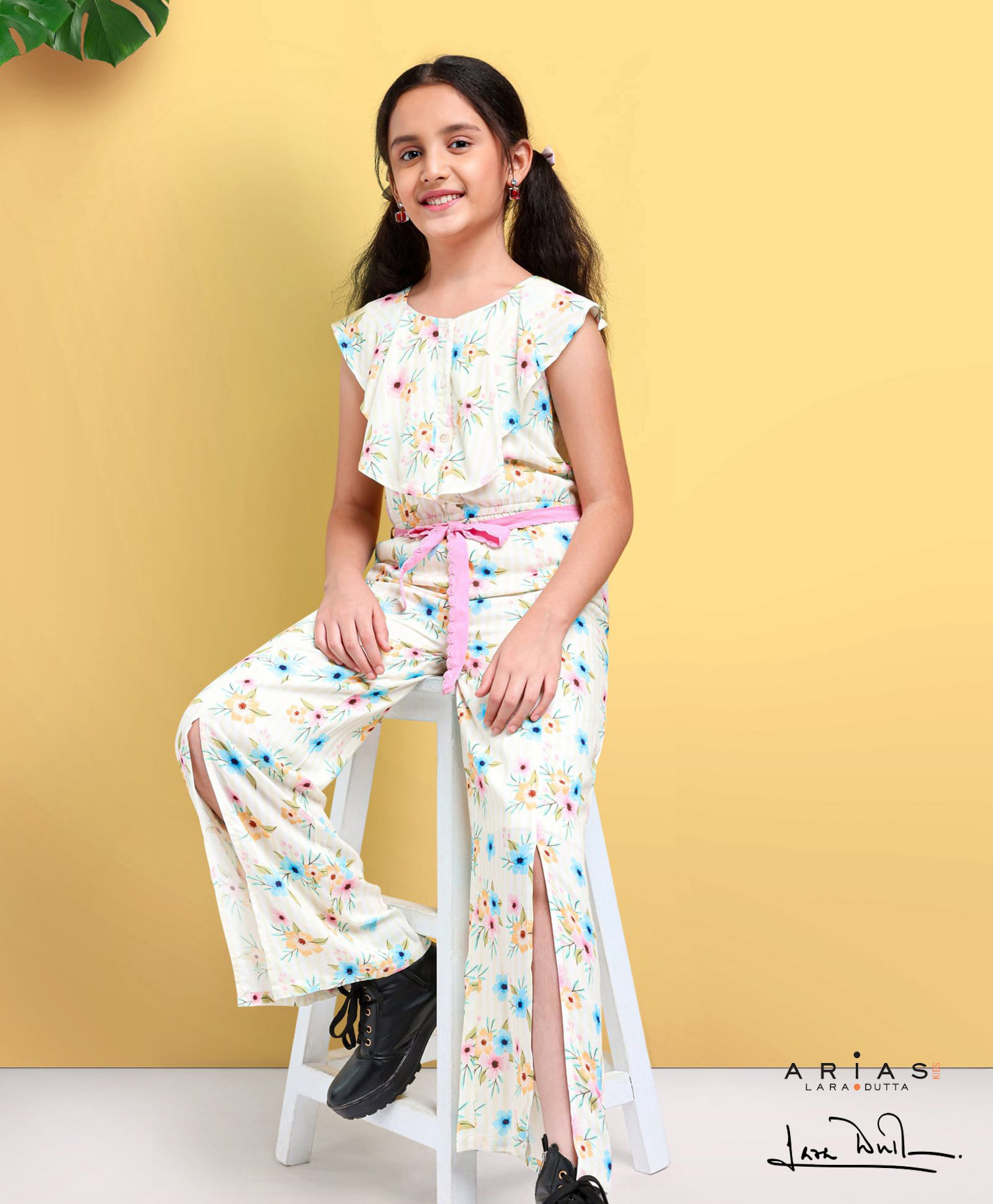 arias by lara dutta Arias 100% Viscose All Over Printed Jumpsuit with Handmade Belt and Front Slits - Multicolor-picture-28