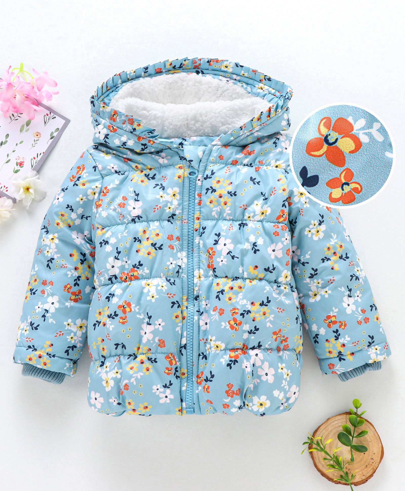 Babyoye Full Sleeves Hooded Jacket Floral Print- Blue-image-3