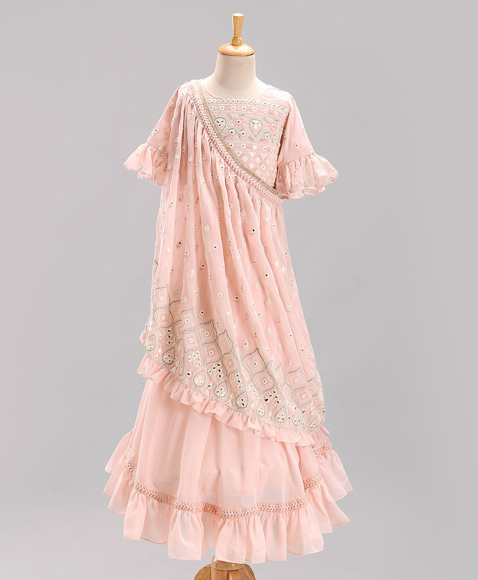 Twisha Girls Three Fourth Sleeves Paisley & Floral Embroidered Choli With Lehenga & Frilled Mirror Work & Flower Work Drape Dupatta - Peach-picture-11