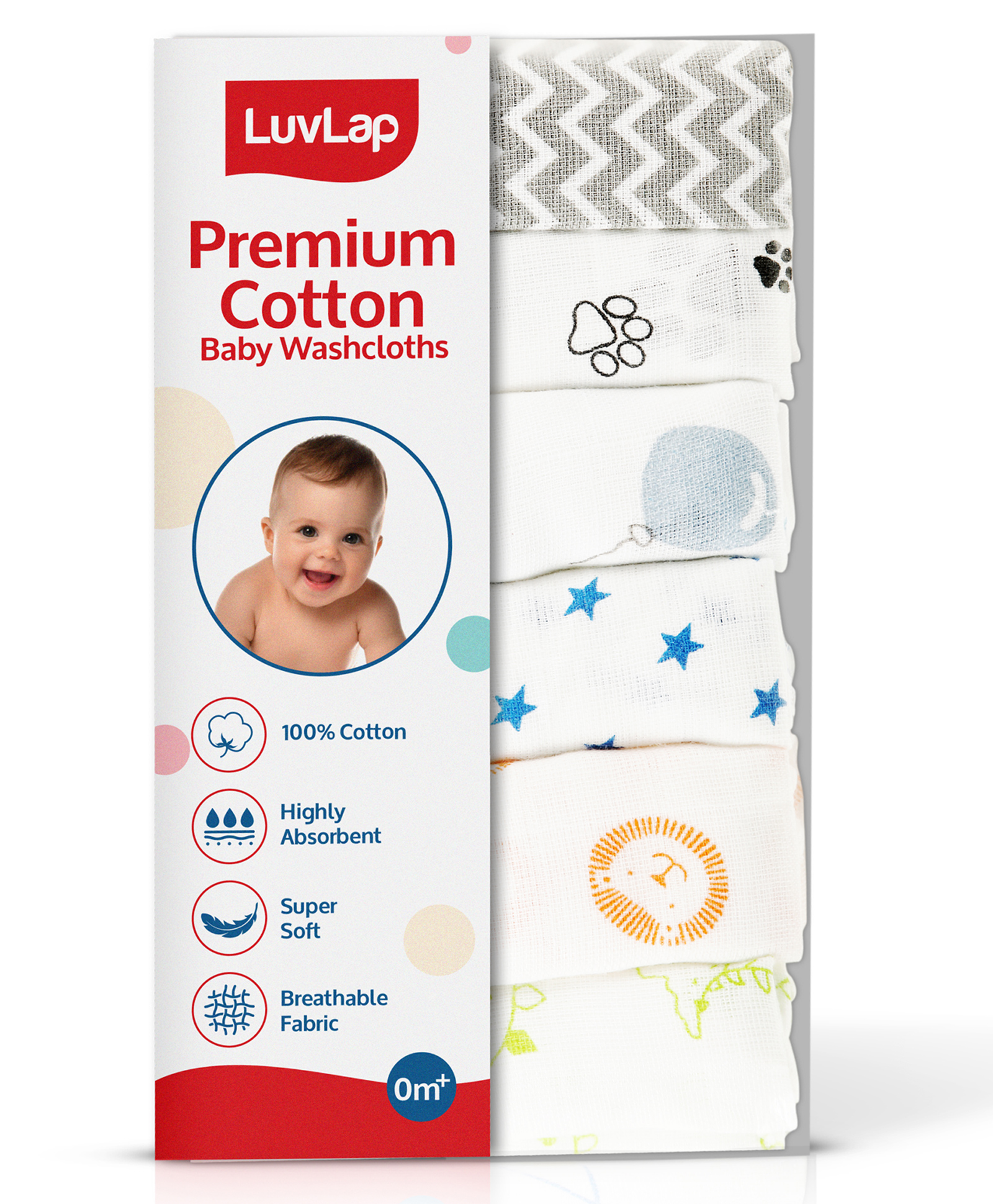 LuvLap 100% Premium Muslin Reusable Washcloth Star and Baloons Print Pack of 6 - Multicolour