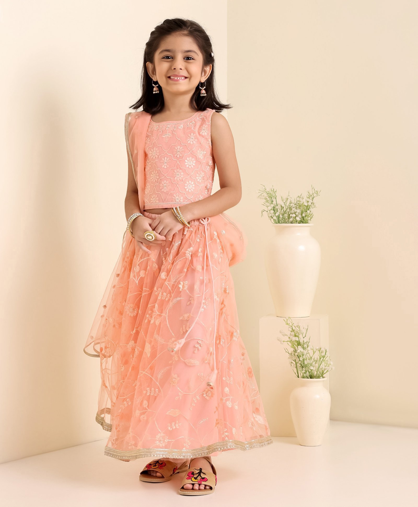 Babyhug Woven Sleeveless Choli With Lehenga & Dupatta Floral  Embroidered - Peach-image-6