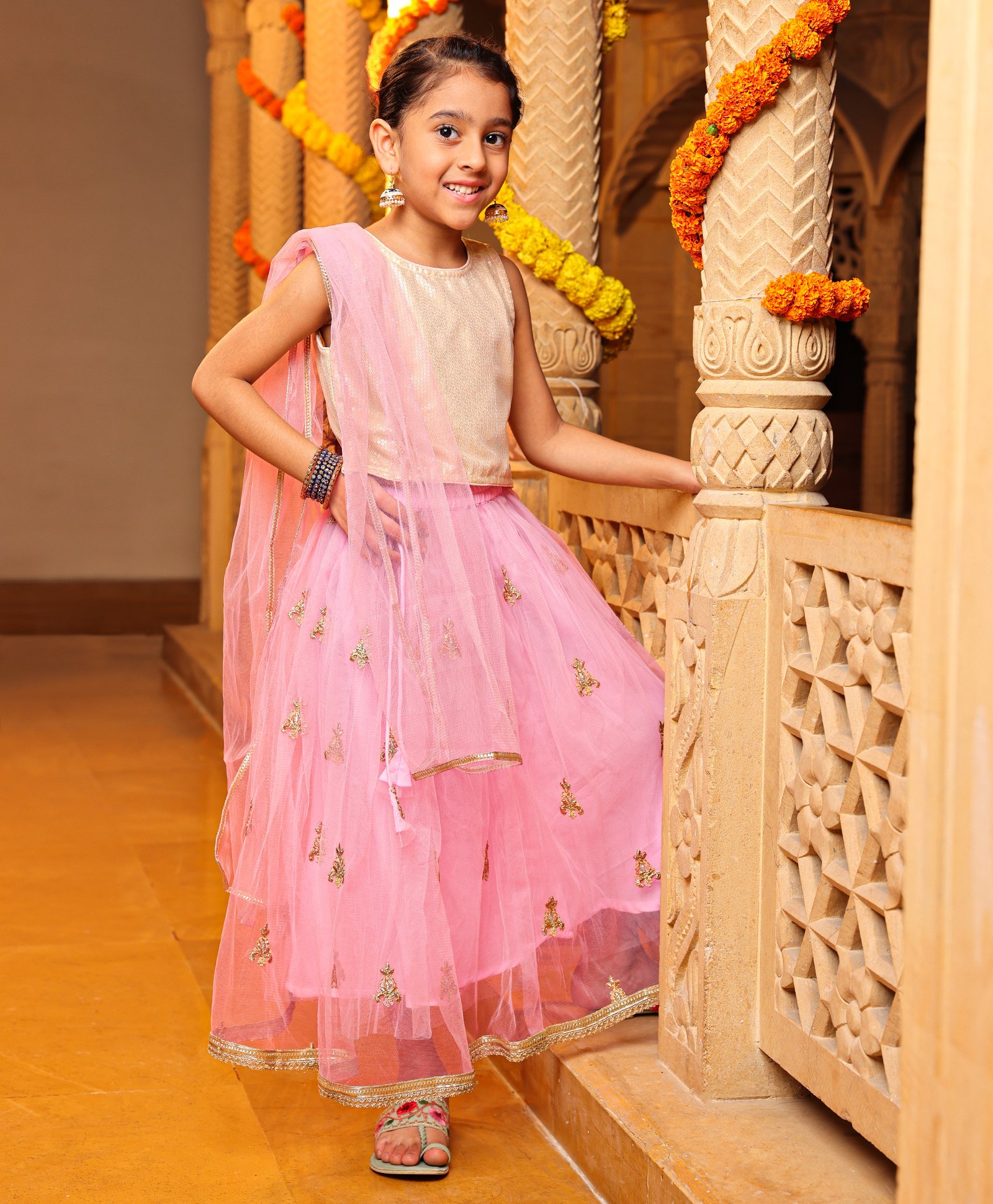 Babyhug Sleeveless Gold Sequence Choli With Embroidered Lehenga - Pink-image-35