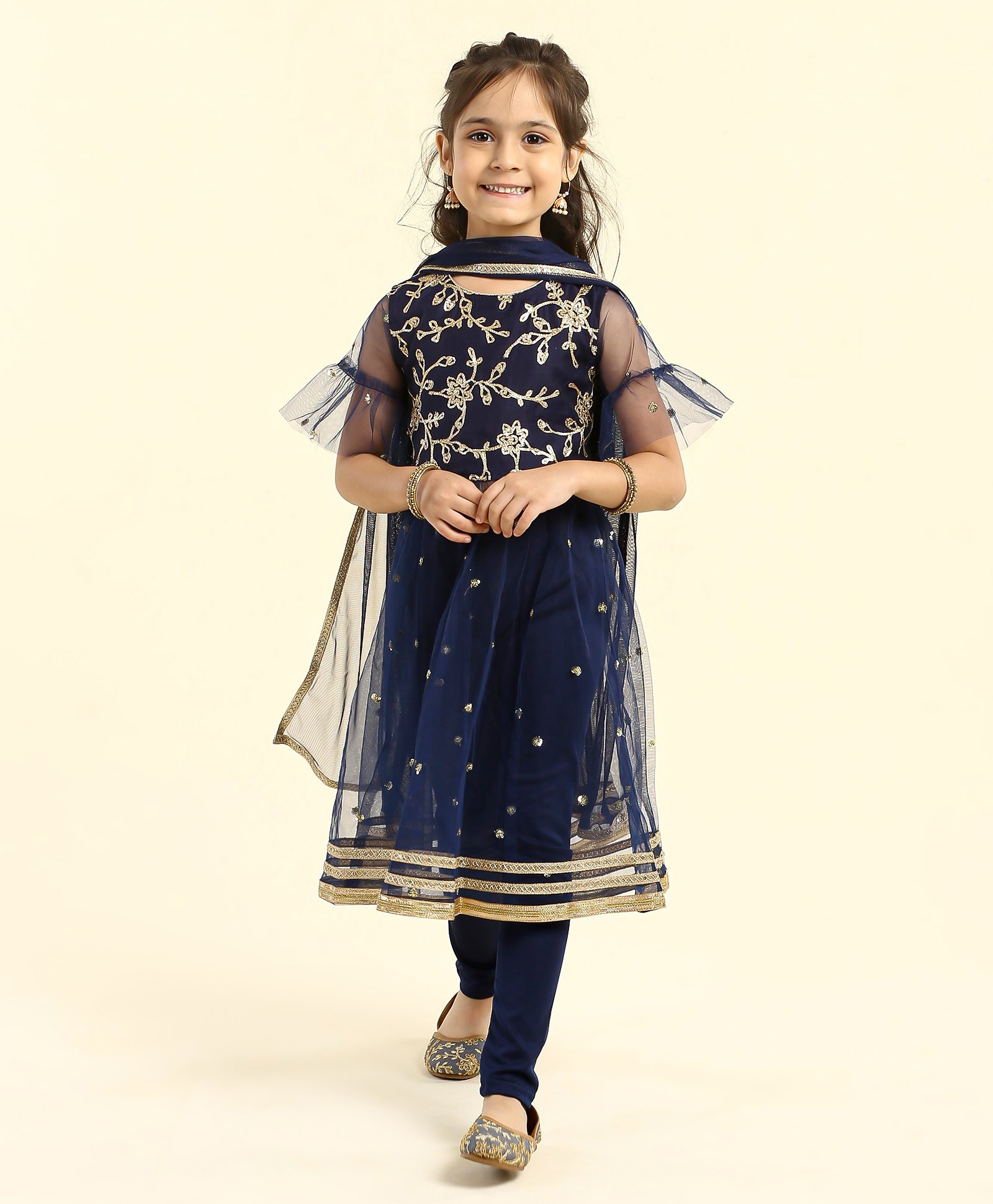 Babyhug Bell Sleeves Kurti & Churidar Set With Dupatta Embroidered Ethnic Design - Navy-picture-27
