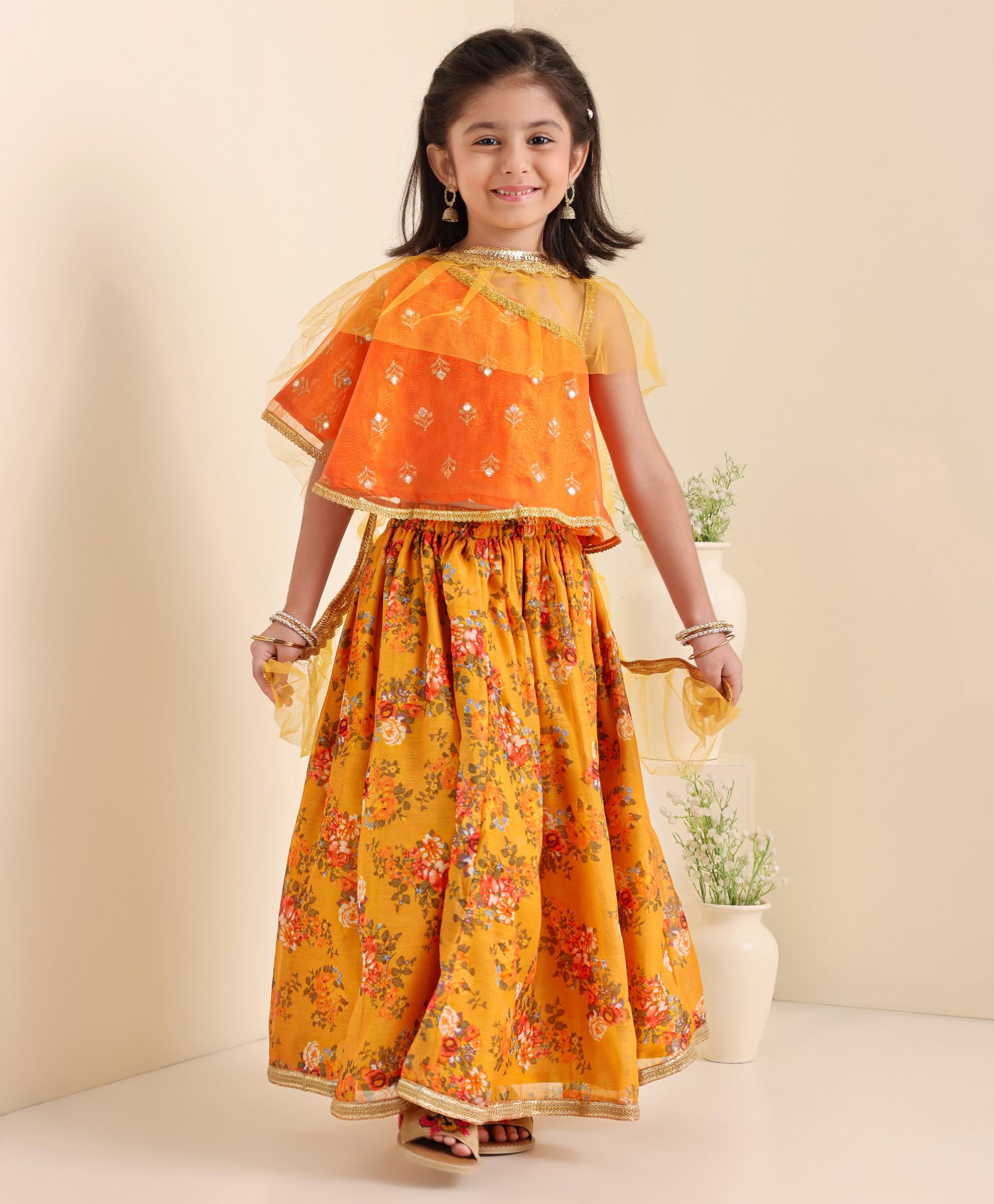 Babyhug Woven Sleeveless Embroidery Choli With Floral Printed Lehenga And Dupatta - Orange-picture-25