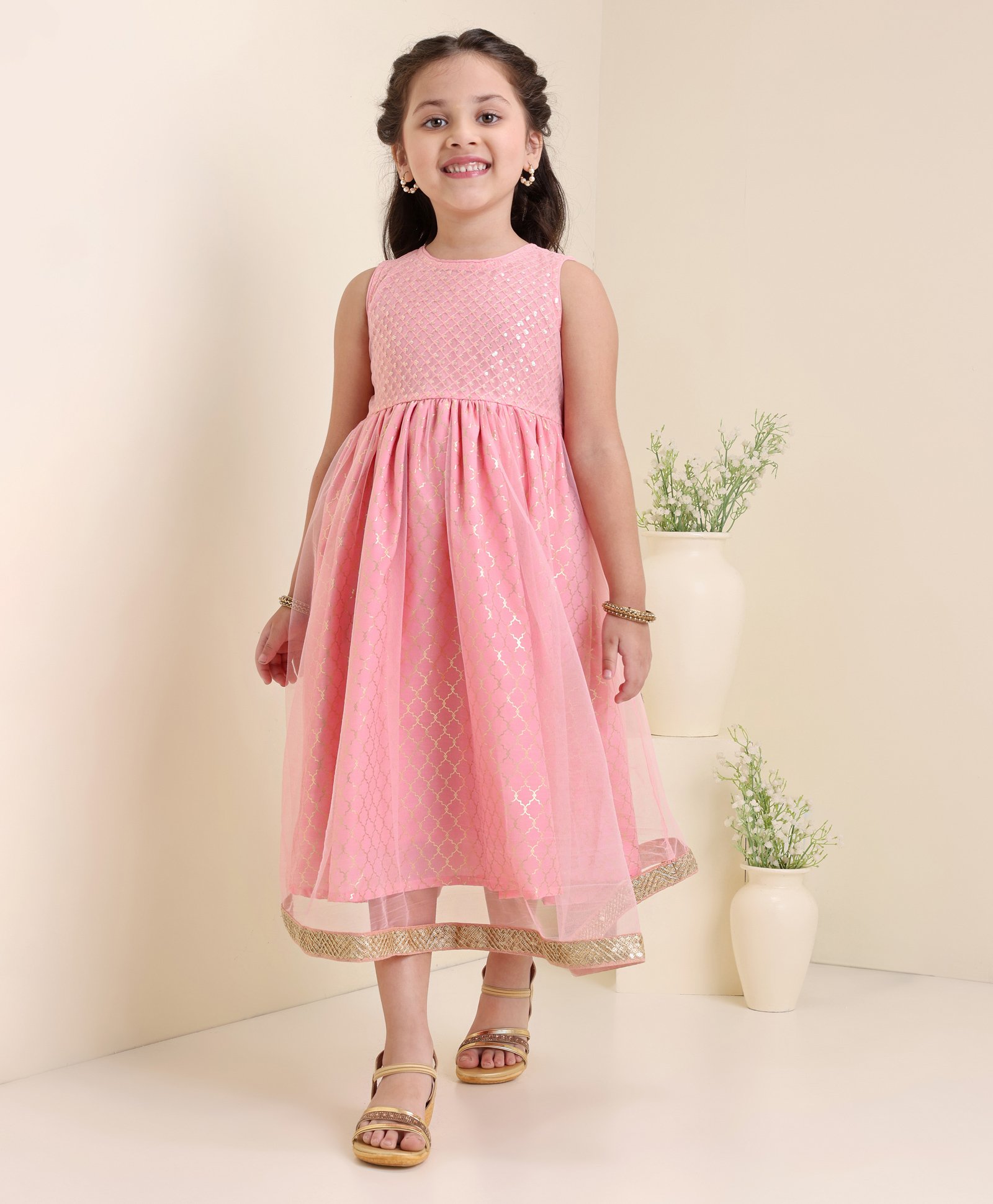 Babyhug Sleeveless Printed Ethnic Dress- Pink-image-14