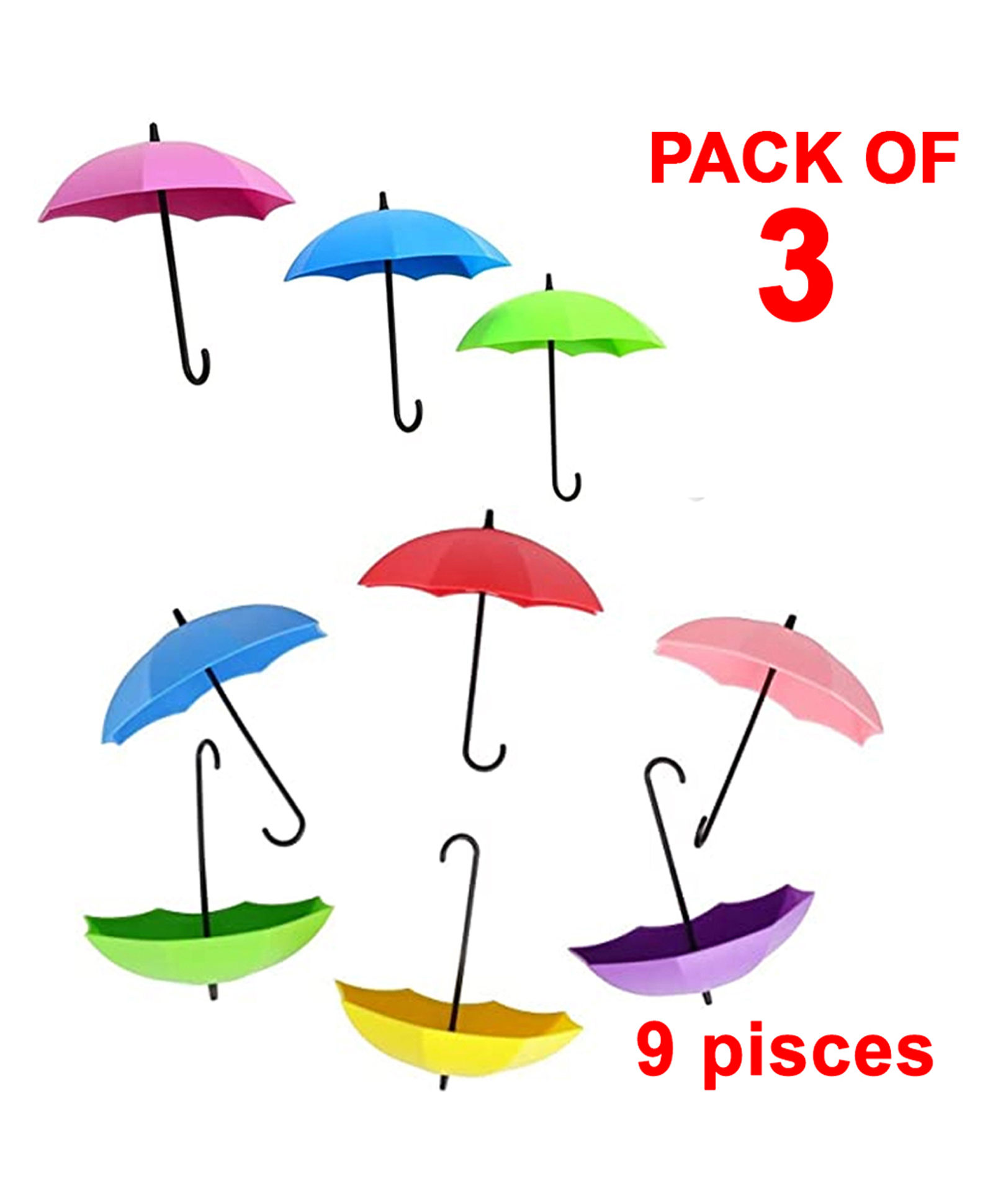 SYGA Umbrella Wall Hooks Set Colourful Sticky Wall Key Hanging Holder Pack of 9 (Colour may vary)-picture-22