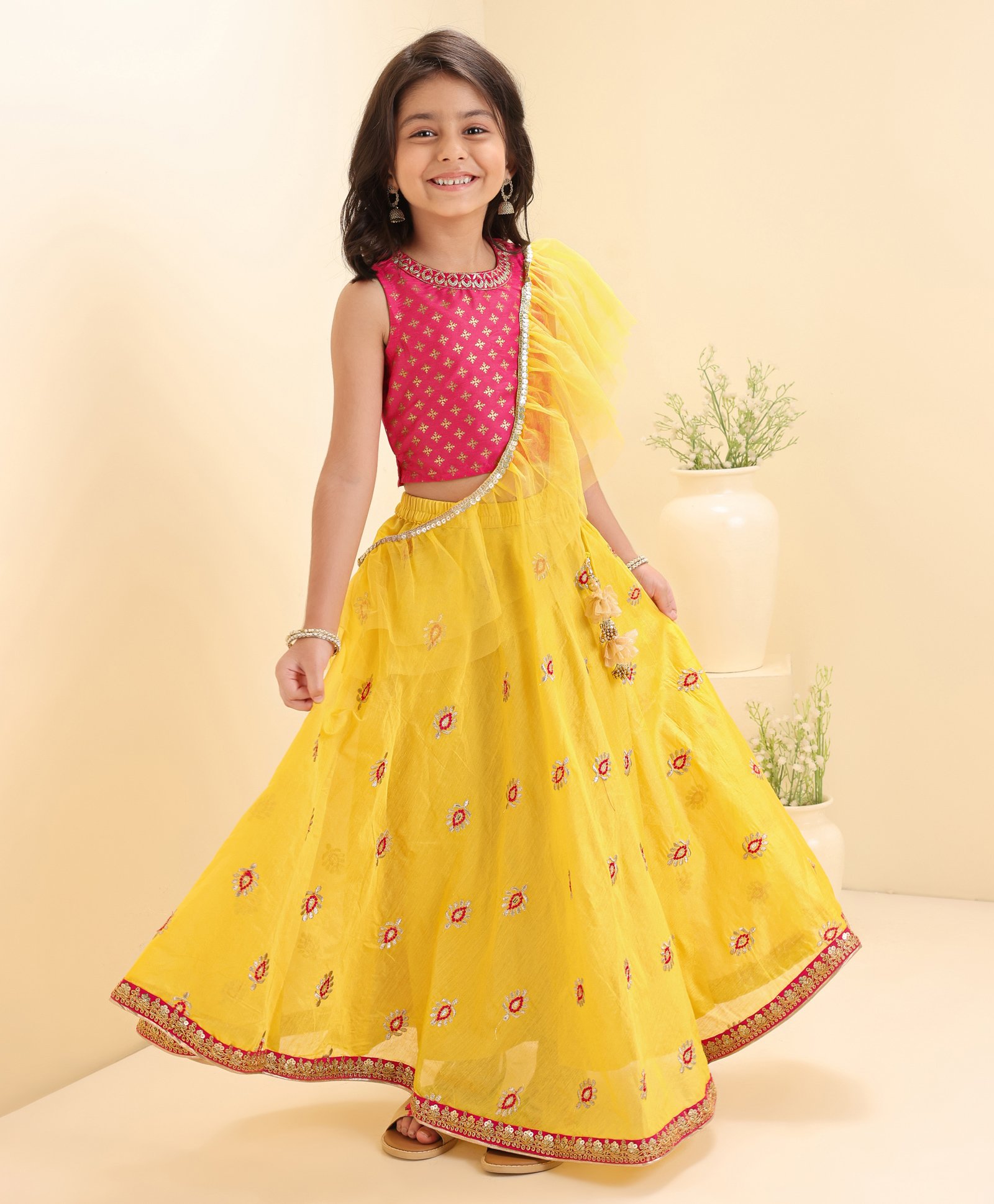 Babyhug Sleeveless Printed Choli Lehenga & Dupatta Set - Yellow-image-2