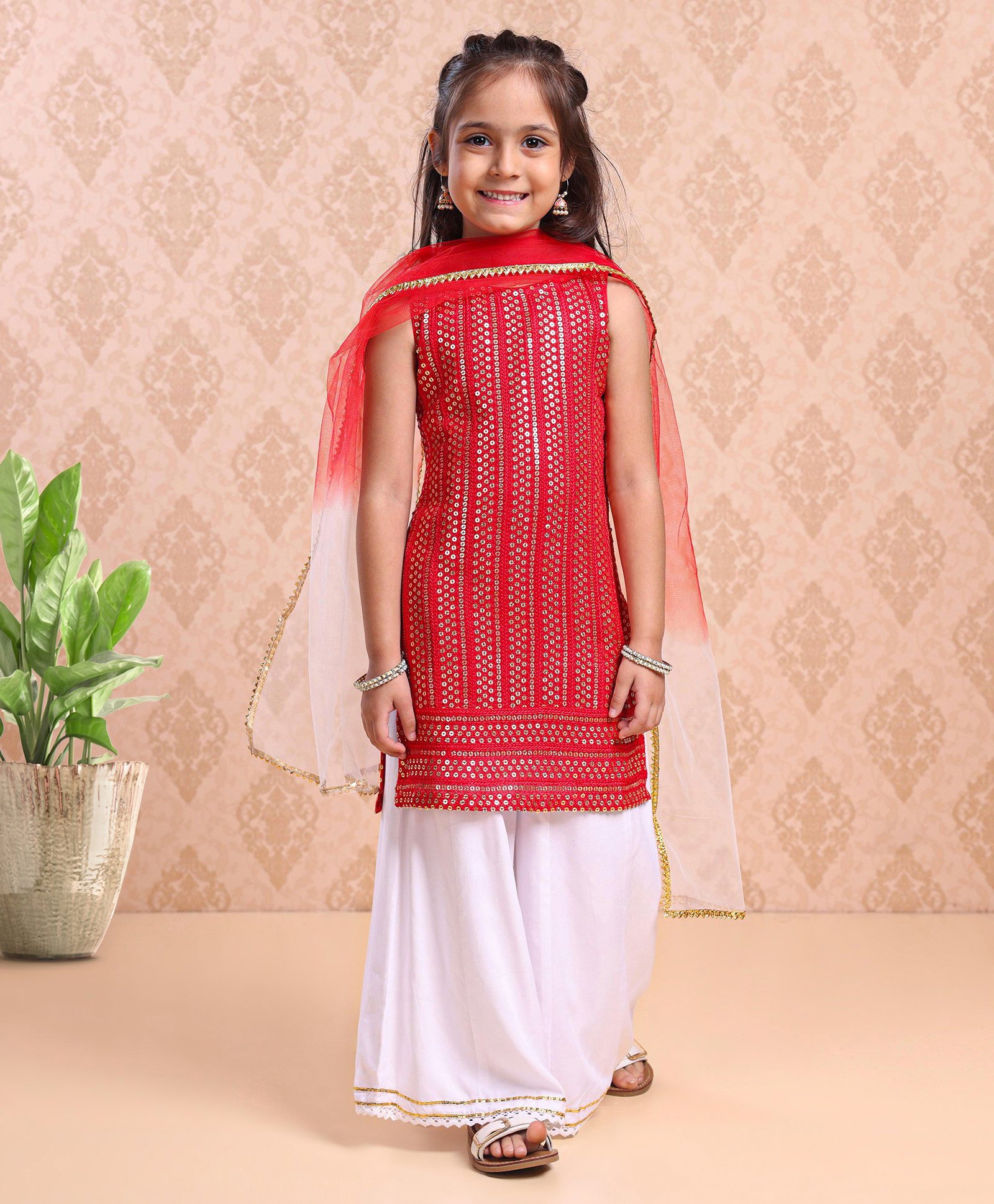 Babyhug Sleeveless Kurti & Sharara With Dupatta Sequins Embroidered - Red-picture-18