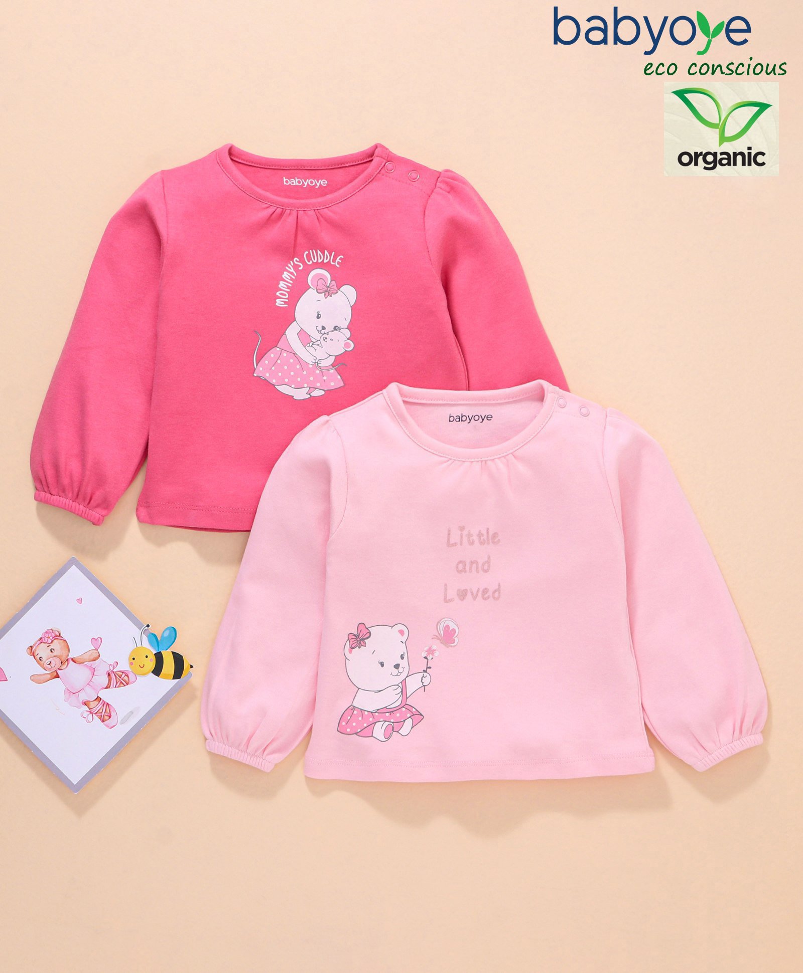 Babyoye Full Sleeves Tops Text & Bear Print Pack Of 2 - Pink-picture-30