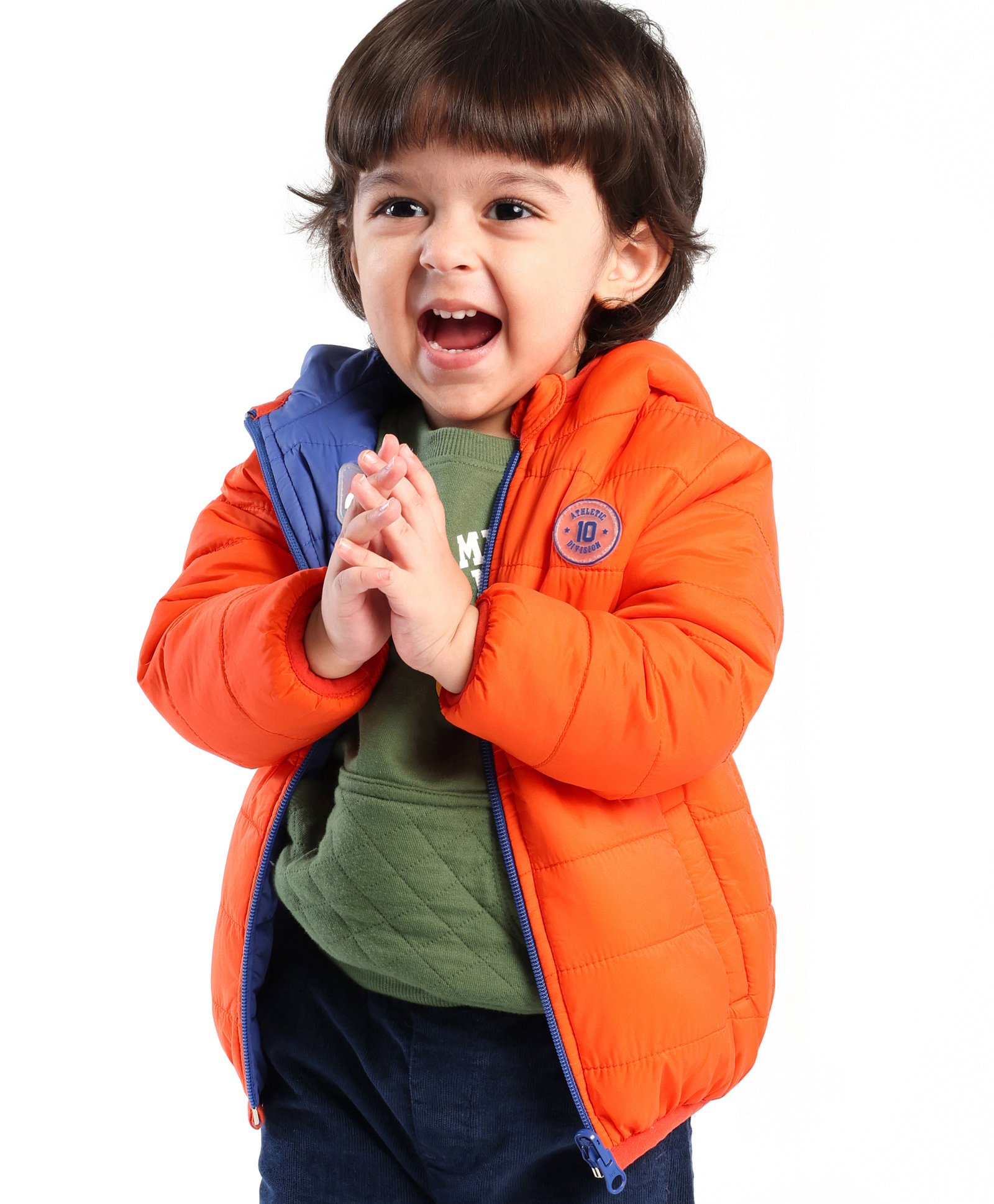 Babyhug Nylon Elastane Full Sleeves Hooded Reversible Jacket - Orange and Blue-image-1
