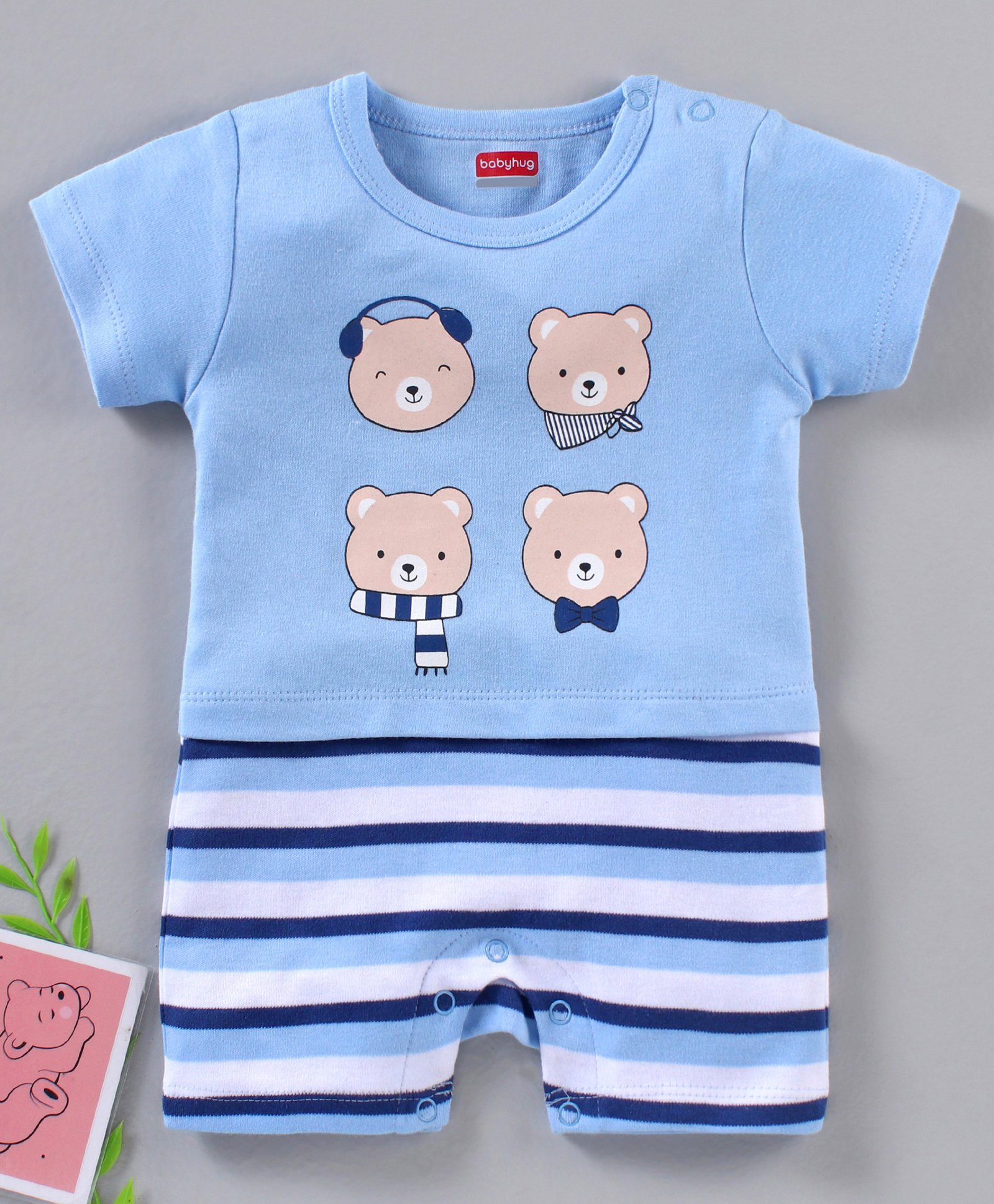 Babyhug 100% Cotton Half Sleeves Romper Bear Face Print - Blue-image-1