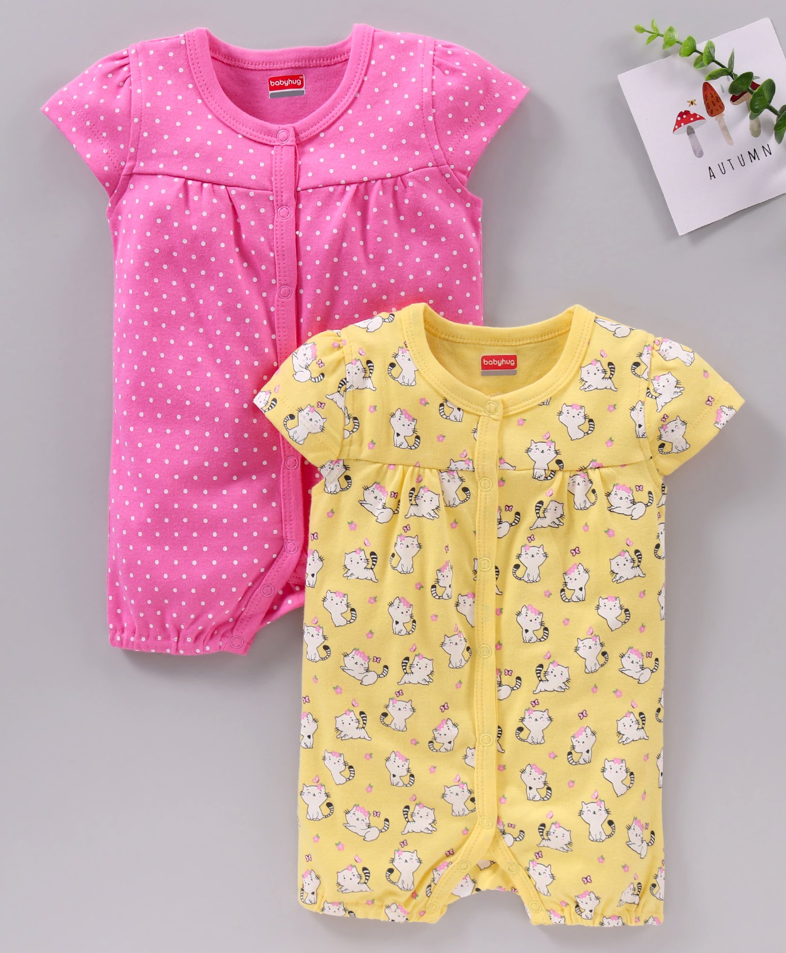 Babyhug Short Sleeves 100% Cotton Romper Pack of 2 - Pink Yellow-image-22