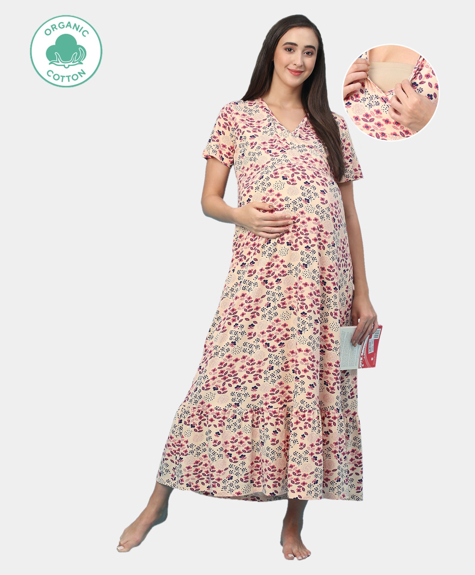 ECOMAMA Organic Cotton & Bamboo Antimicrobial Half Sleeves Maternity Nighty Flowers Print - Peach-picture-21