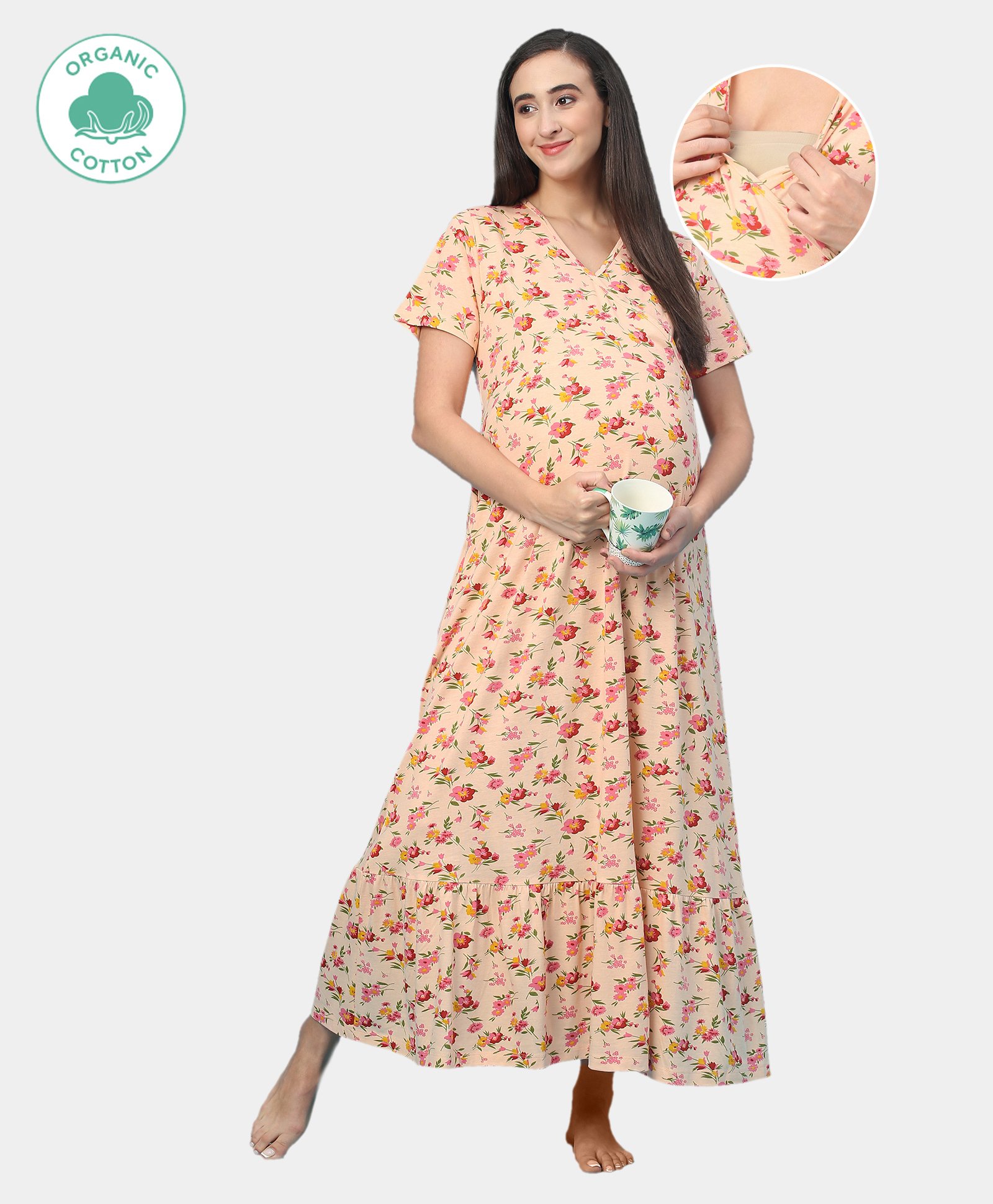 ECOMAMA Organic Cotton & Bamboo Antimicrobial Half Sleeves Maternity Nighty Floral Print - Peach-picture-22