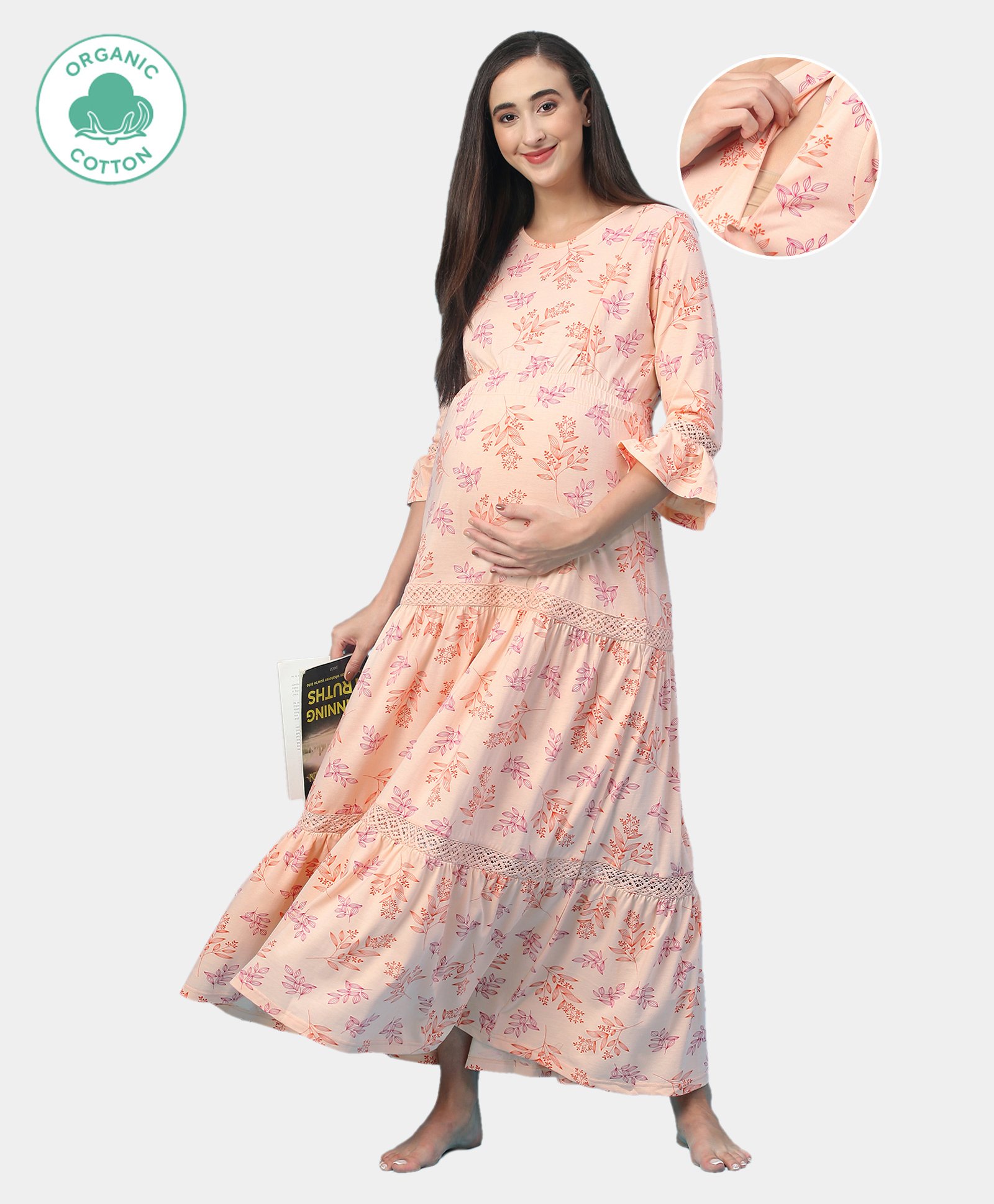 ECOMAMA 3/4th Sleeves Organic Cotton & Bamboo Antimicrobial Maternity Nighty Floral Print - Peach-image-13