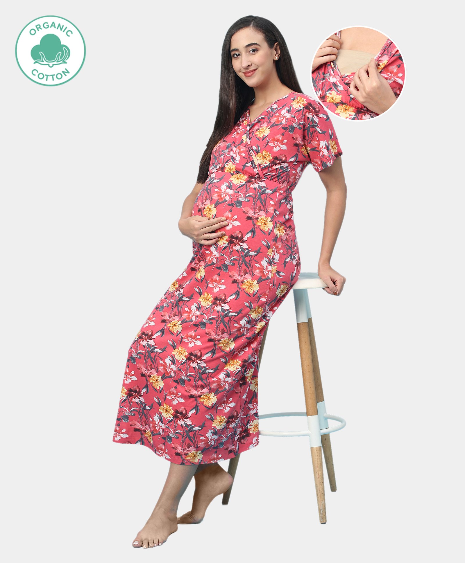 ECOMAMA Organic Cotton & Bamboo Antimicrobial Half Sleeves Maternity Nighty Floral Print - Pink-picture-23