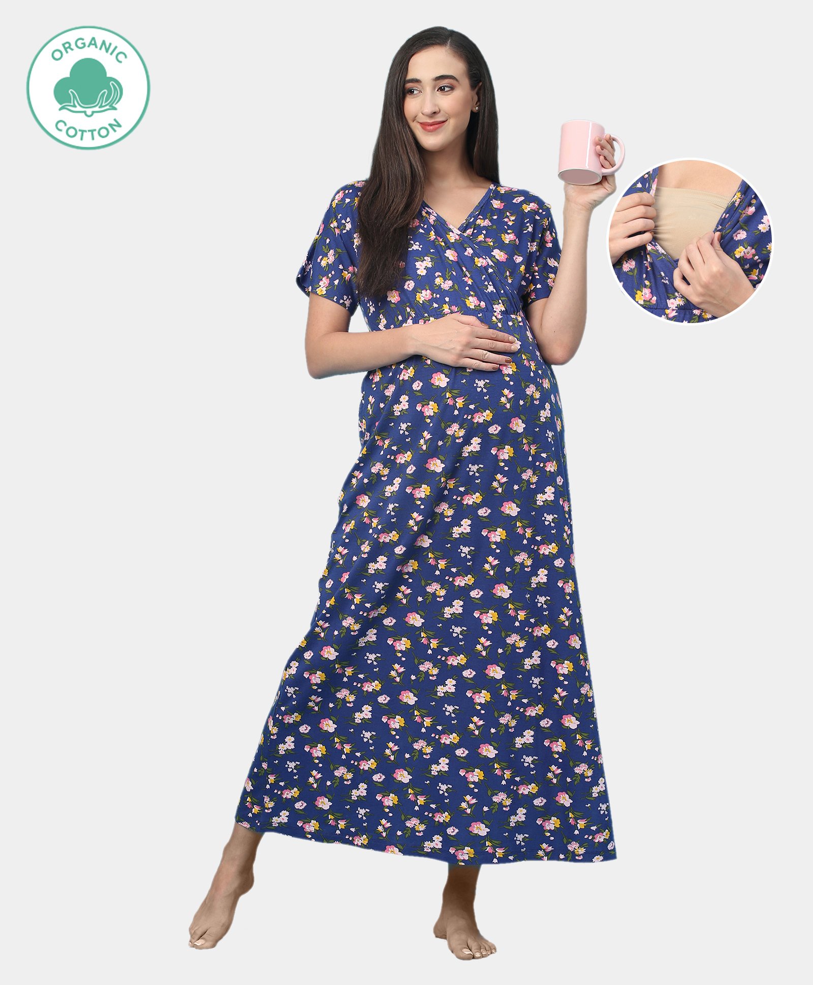 ECOMAMA Organic Cotton & Bamboo Antimicrobial Half Sleeves Maternity Nighty Floral Print - Blue-picture-12