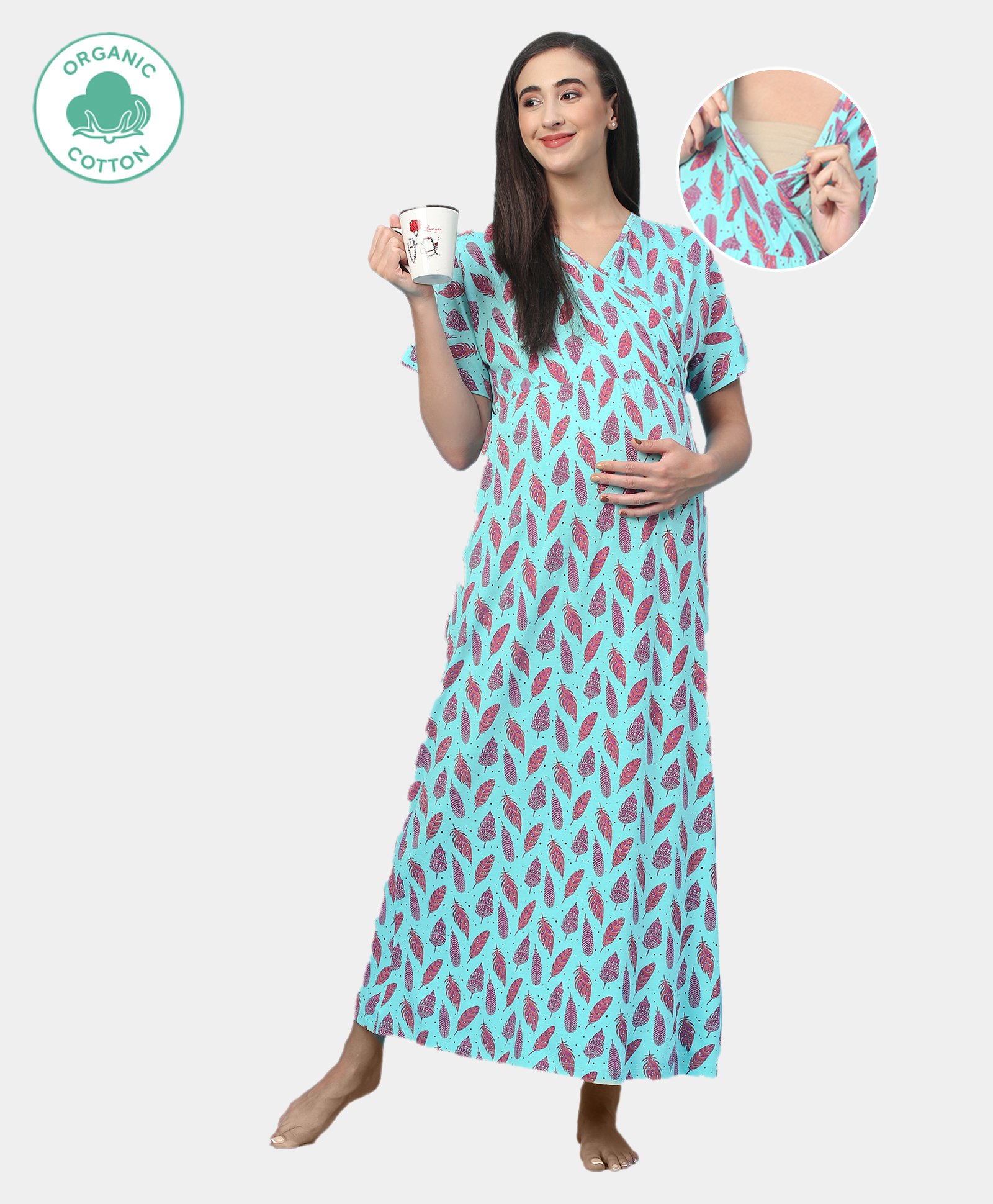 ECOMAMA Organic Cotton & Bamboo Antimicrobial Half Sleeves Maternity Nighty Leafy Print - Light Blue-picture-34