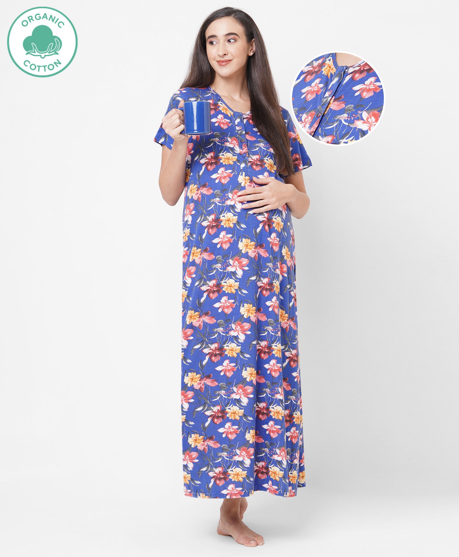ECOMAMA Organic Cotton & Bamboo Antimicrobial Short Sleeves Maternity Nighty Floral Print - Blue-picture-24
