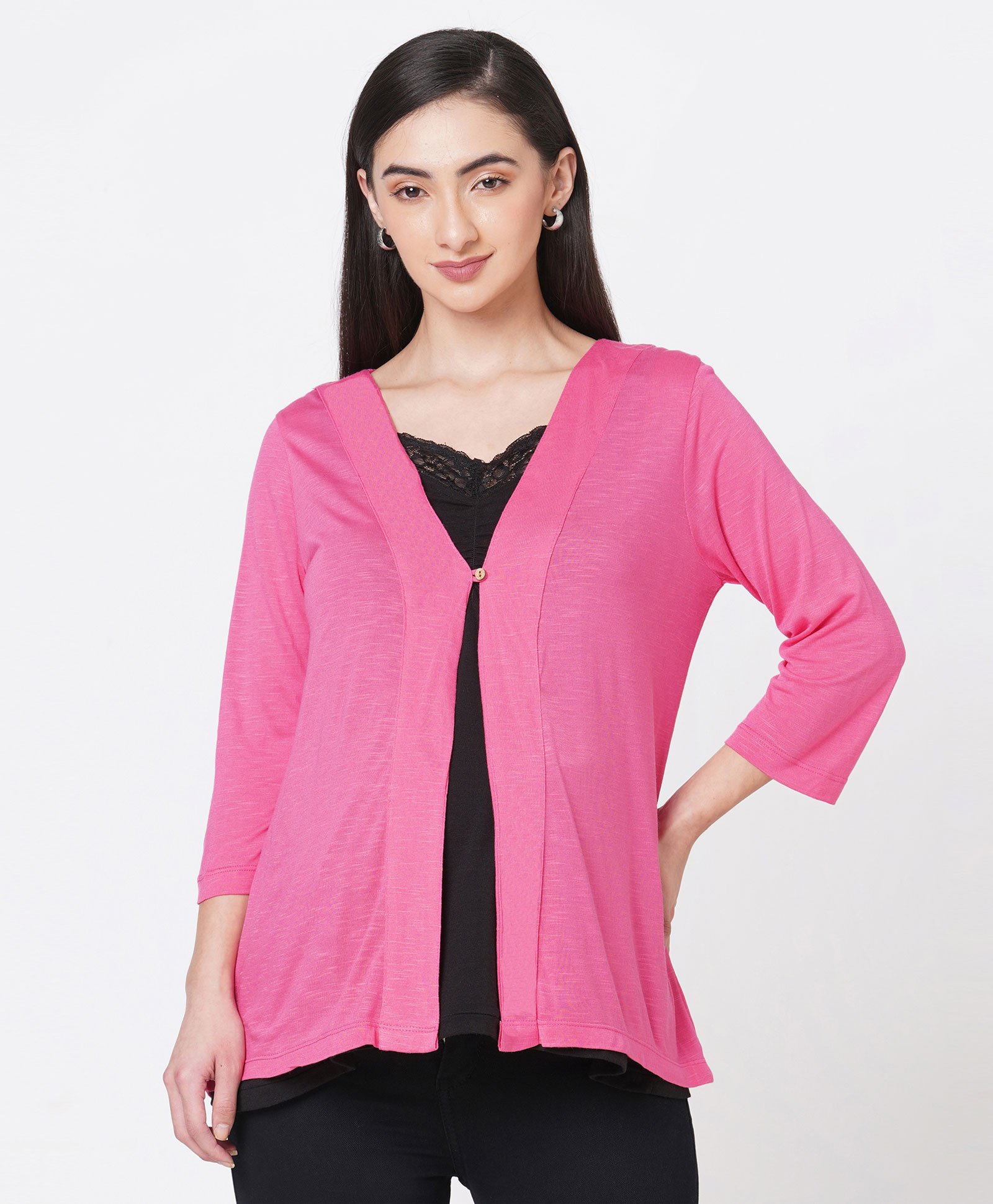 ECOMAMA Three Fourth Sleeves Organic Cotton & Bamboo Maternity Shrug Solid - Pink-picture-18