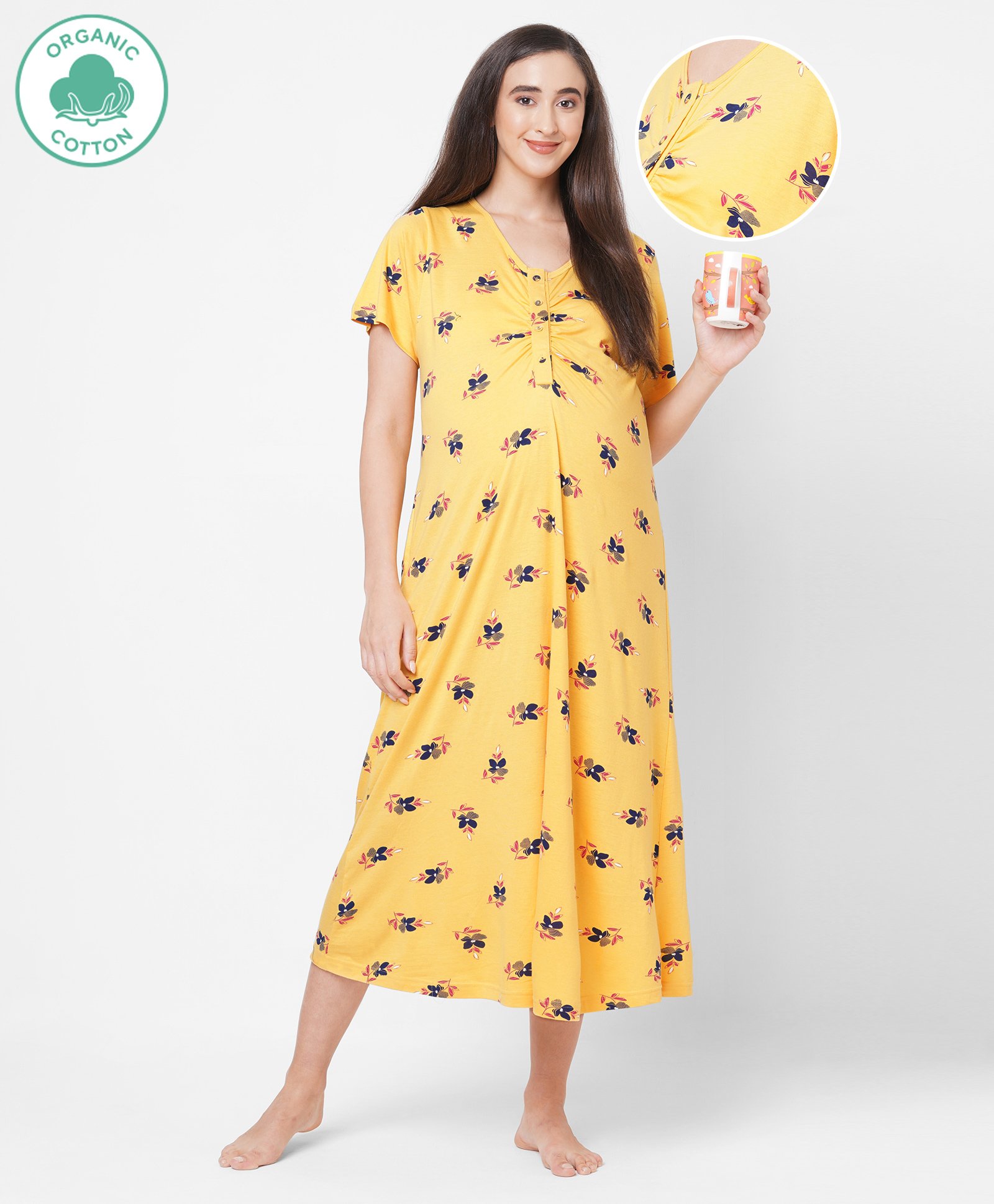 ECOMAMA Organic Cotton & Bamboo Antimicrobial Half Sleeves Nigthy Flowers Print - Yellow-picture-25