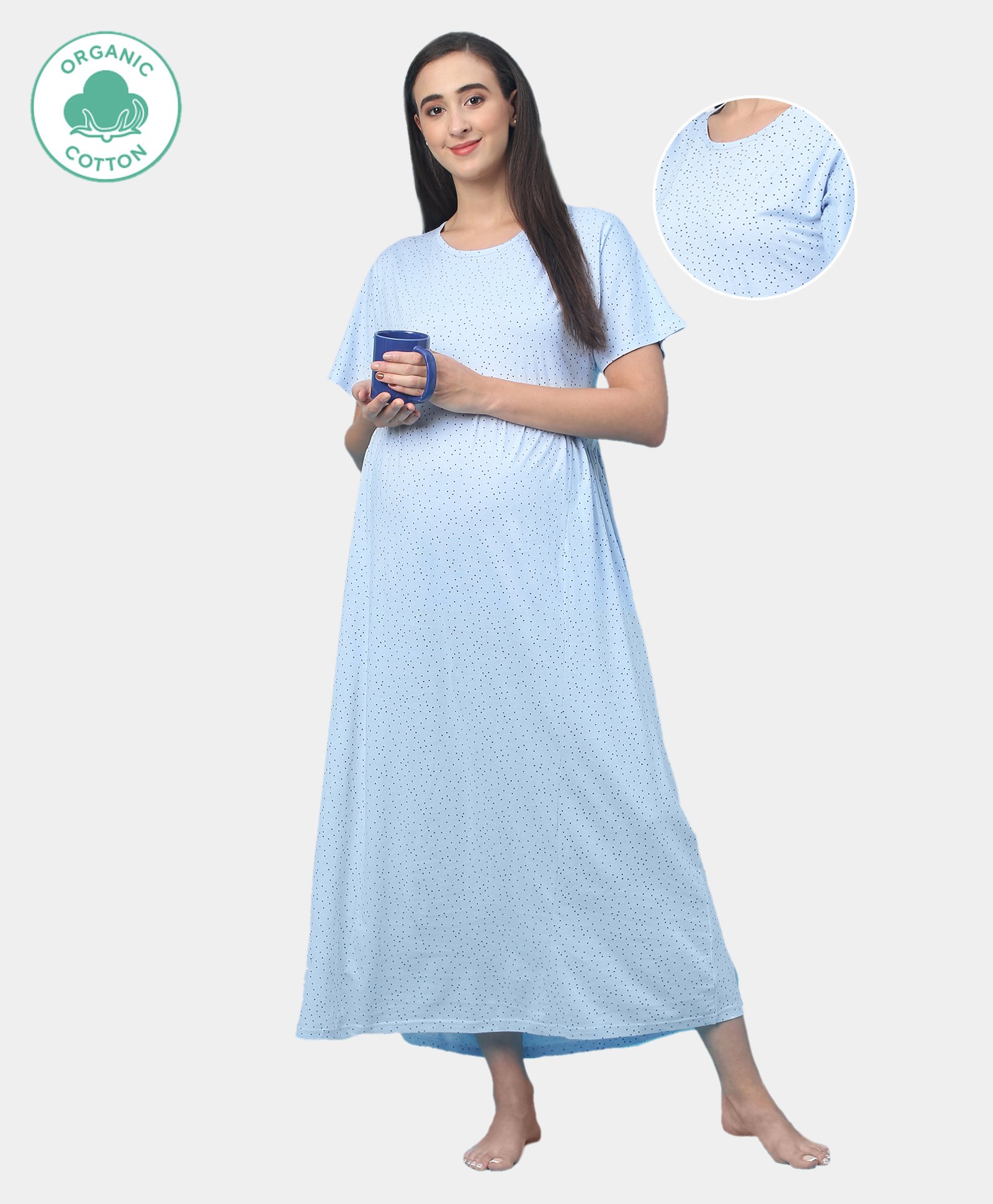 ECOMAMA Organic Cotton & Bamboo Antimicrobial Half Sleeves Maternity Nighty Dots Print - Light Blue-picture-38