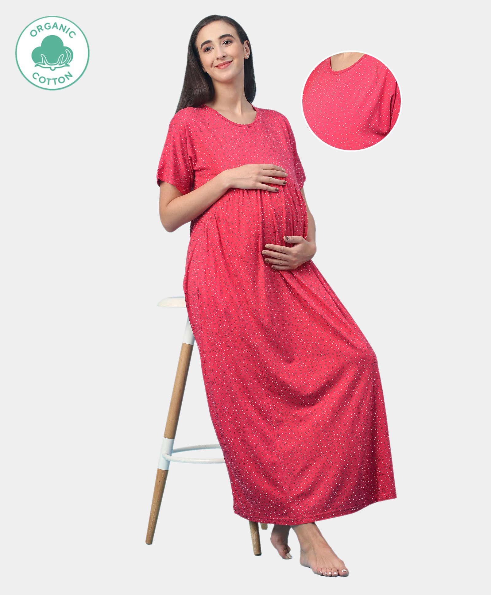 ECOMAMA Half Sleeves Organic Cotton & Bamboo Antimicrobial Dot Printed Maternity Nighty - Red-image-39