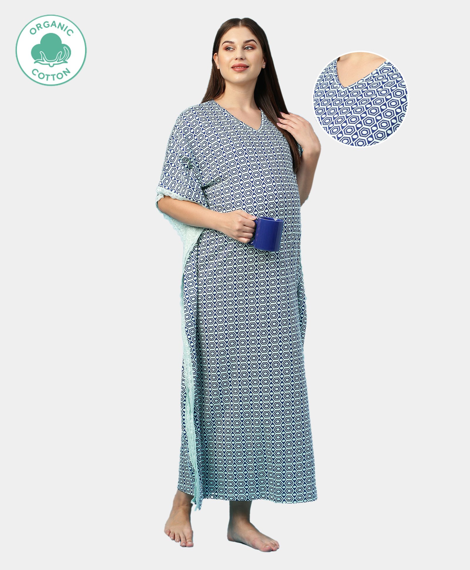 ECOMAMA Half Sleeves Organic Cotton & Bamboo Antimicrobial Kaftan Style Lace Maternity Nighty Printed - Blue-picture-25