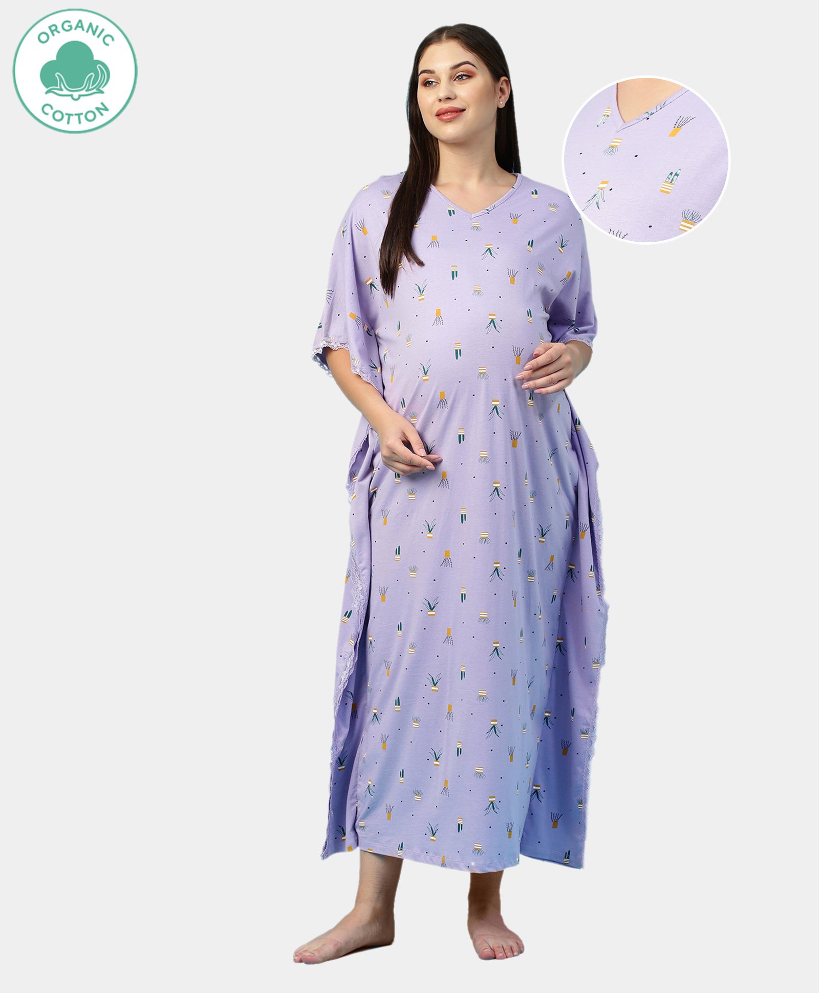 ECOMAMA Organic Cotton & Bamboo Antimicrobial Half Sleeves Kaftan Nighty Plants Print - Purple-picture-33