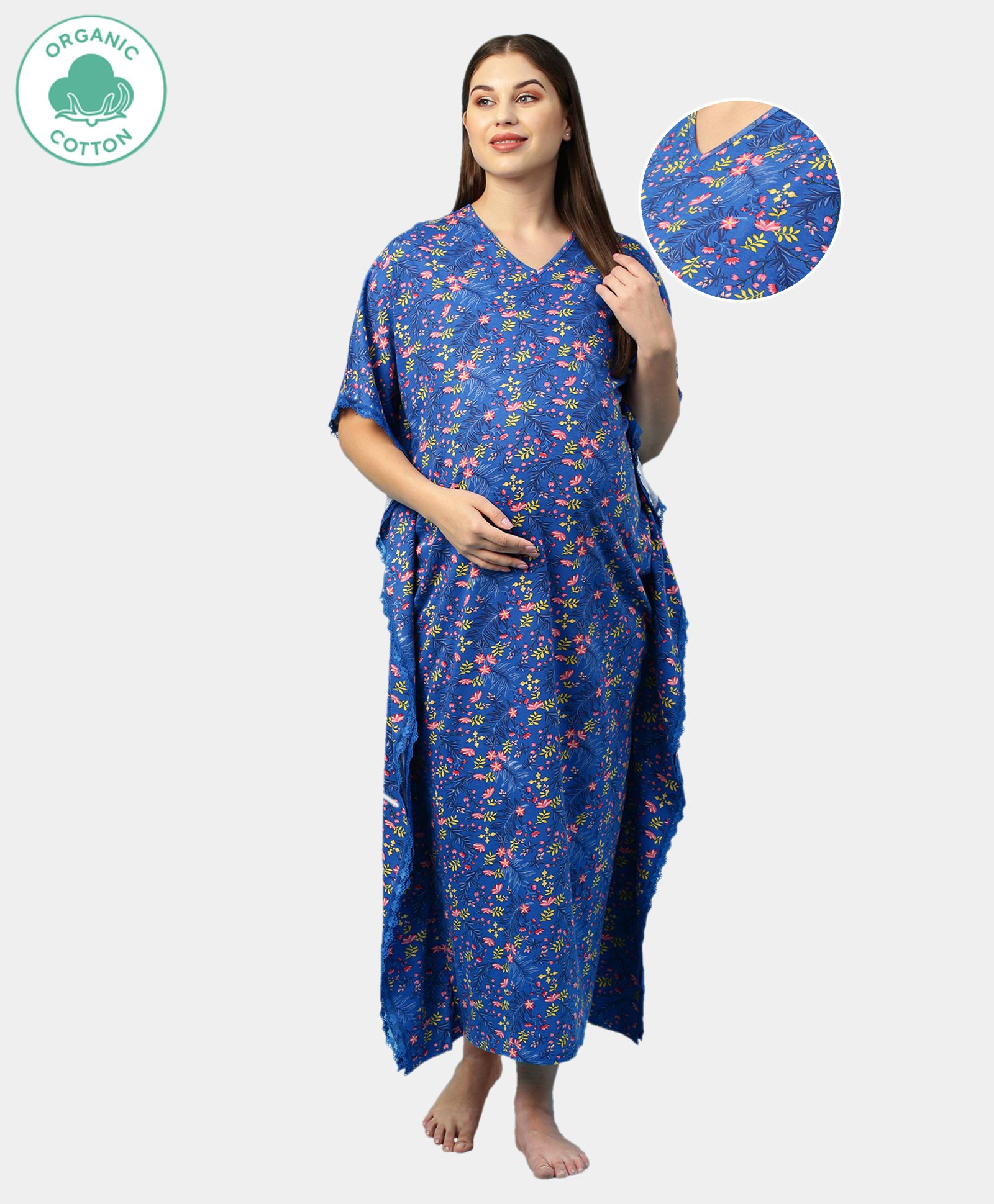 ECOMAMA Half Sleeves Organic Cotton & Bamboo Antimicrobial Kaftan Style Lace Maternity Nighty Floral Printed - Blue-image-17