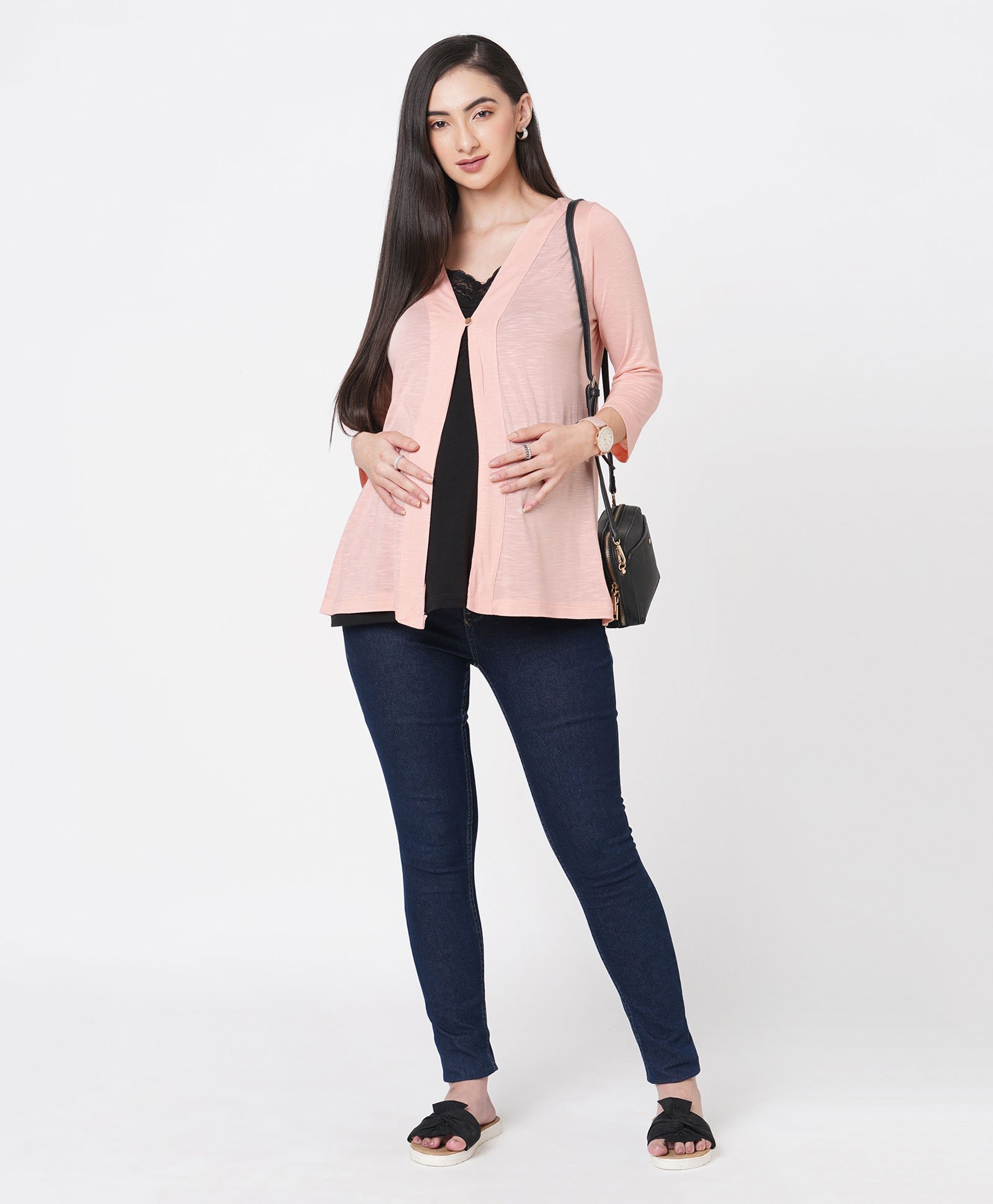 ECOMAMA Three Fourth Sleeves Organic Cotton & Bamboo Maternity Shrug Solid - Peach-picture-17