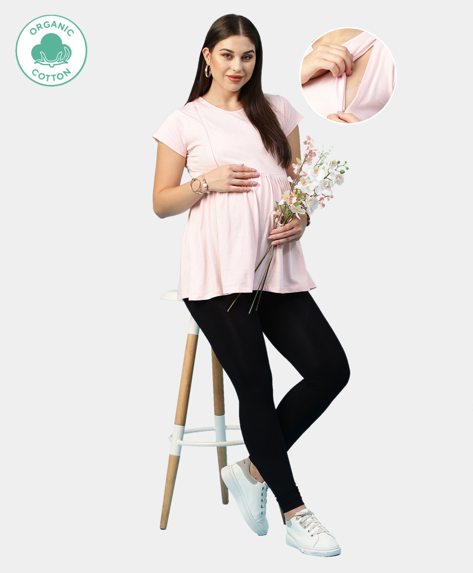 ECOMAMA Half Sleeves Organic Cotton & Bamboo Antimicrobial Ruffled Lounge Tee Solid - Light Pink-picture-10
