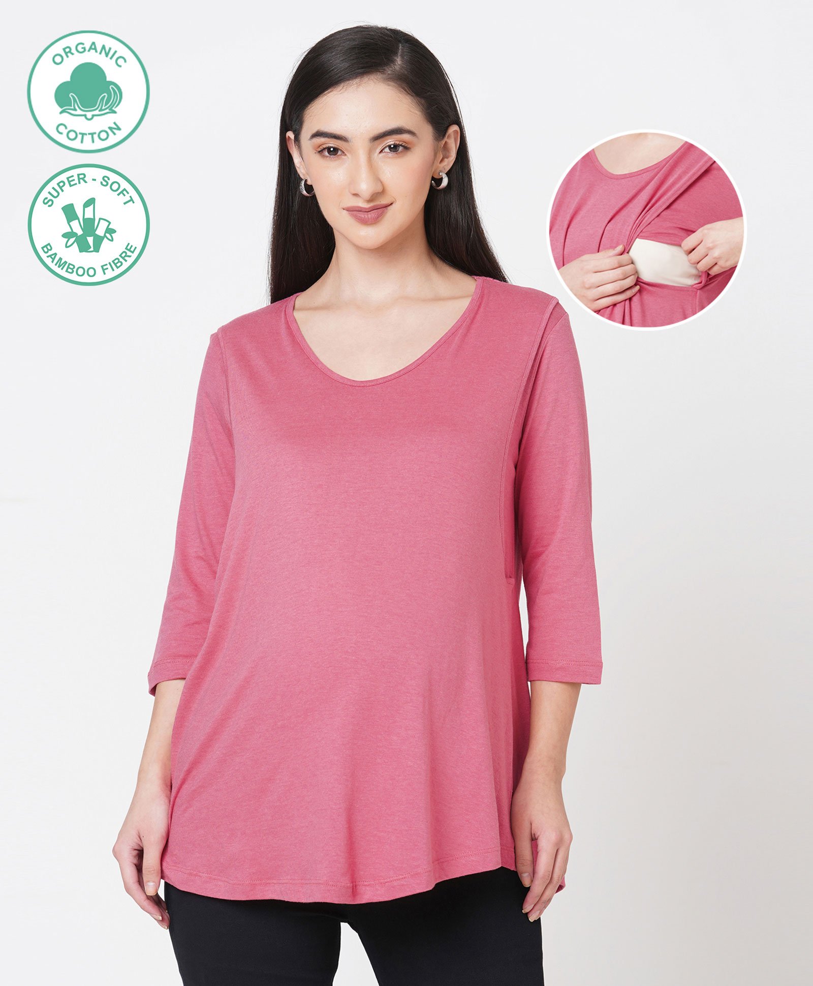 ECOMAMA Three Fourth Sleeves Organic Cotton & Bamboo Maternity Lounge Top Solid - Pink-image-35