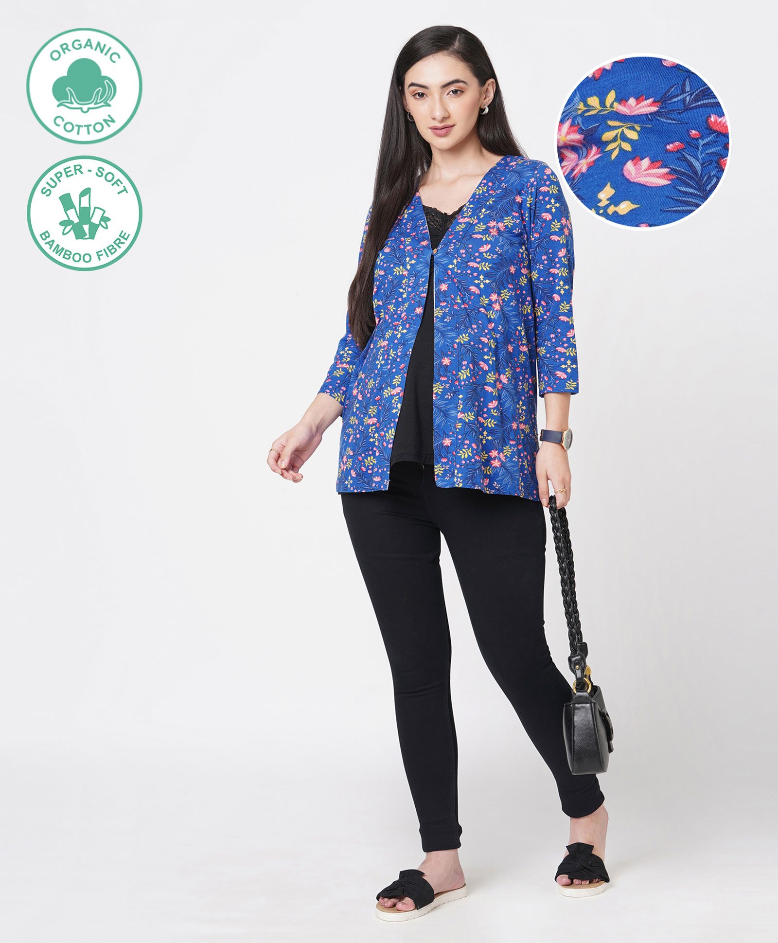 ECOMAMA Three Fourth Sleeves Organic Cotton & Bamboo Maternity Shrug Floral - Blue-image-23