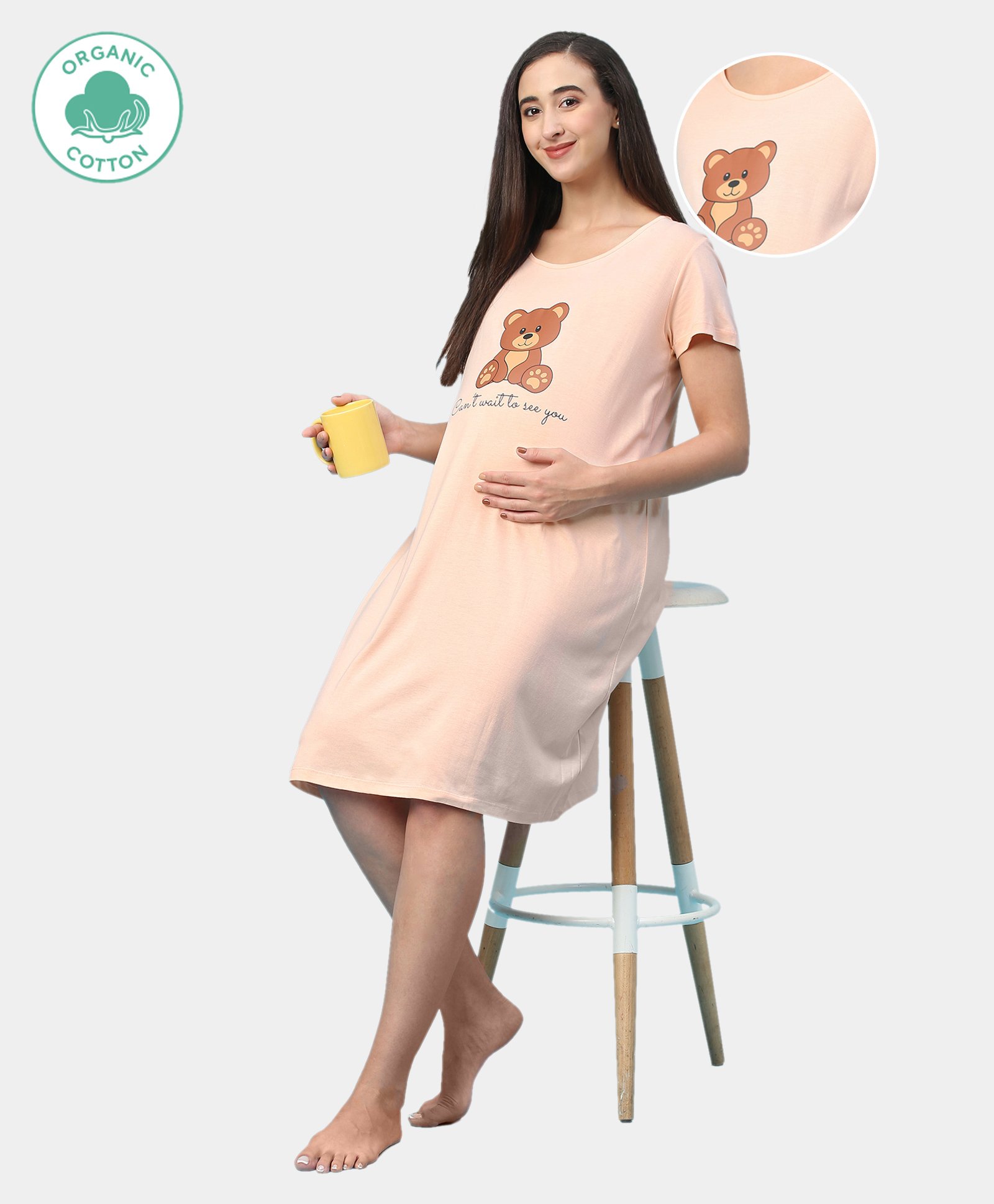 ECOMAMA Organic Cotton & Bamboo Antimicrobial Half Sleeves Sleep Tee Teddy Bear Print - Peach-picture-29