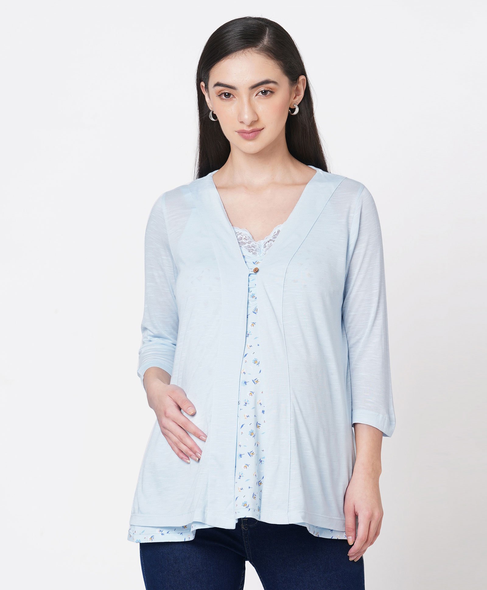 ECOMAMA Three Fourth Sleeves Organic Cotton & Bamboo Maternity Shrug Solid - Blue-picture-14