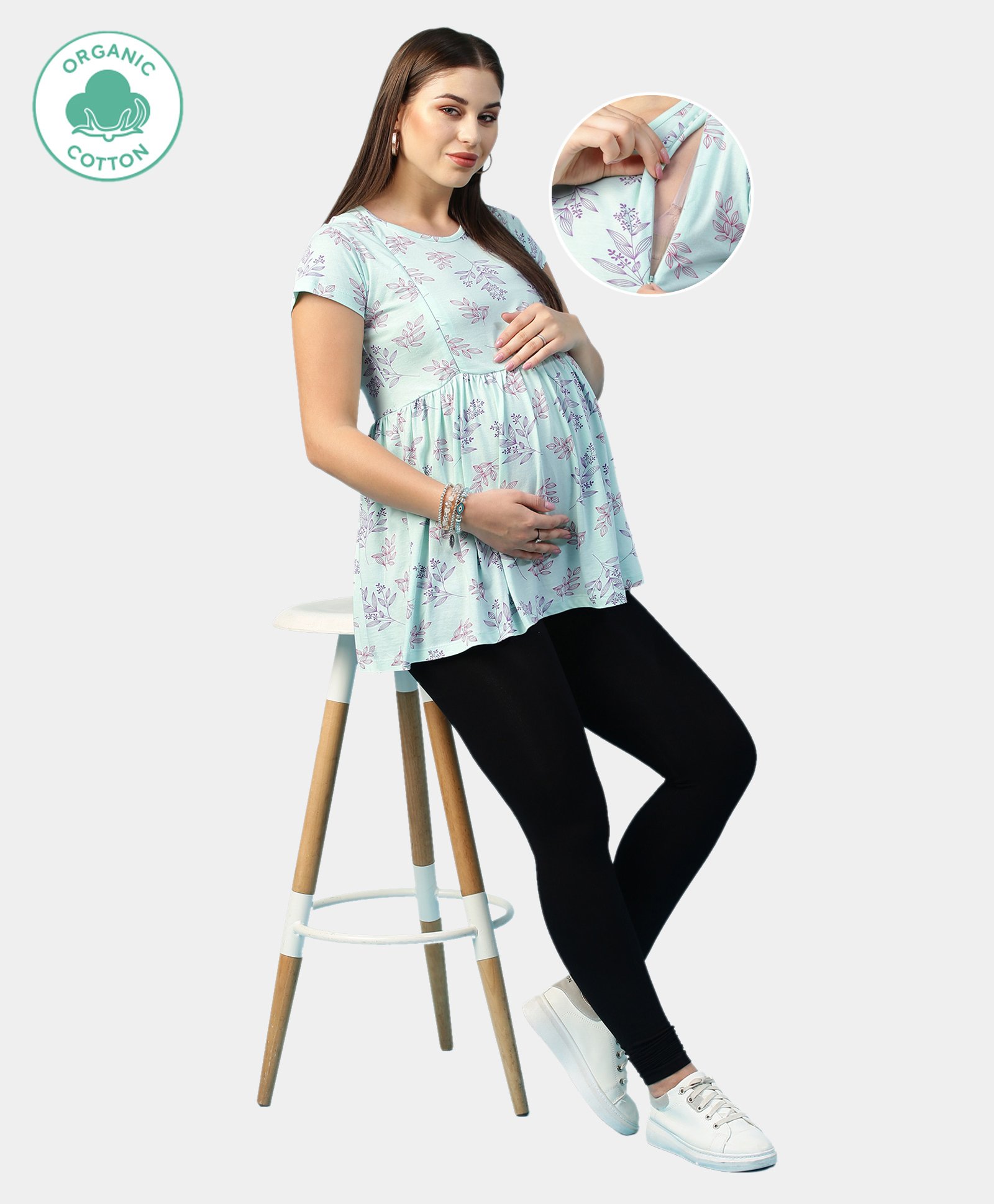 ECOMAMA Organic Cotton & Bamboo Antimicrobial Cap Sleeves Lounge Maternity Top Leafy Print - Mint-picture-24