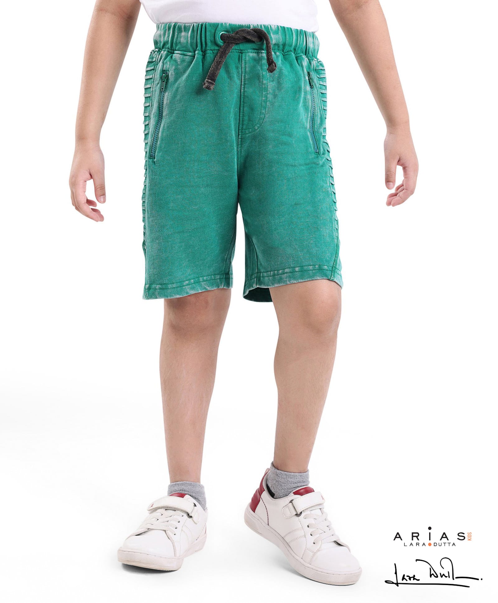 arias by lara dutta Arias Consciously Sourced 100% Cotton Stretch Looper Knit Pull up Shorts with Contrast Drawstring - Green-picture-12