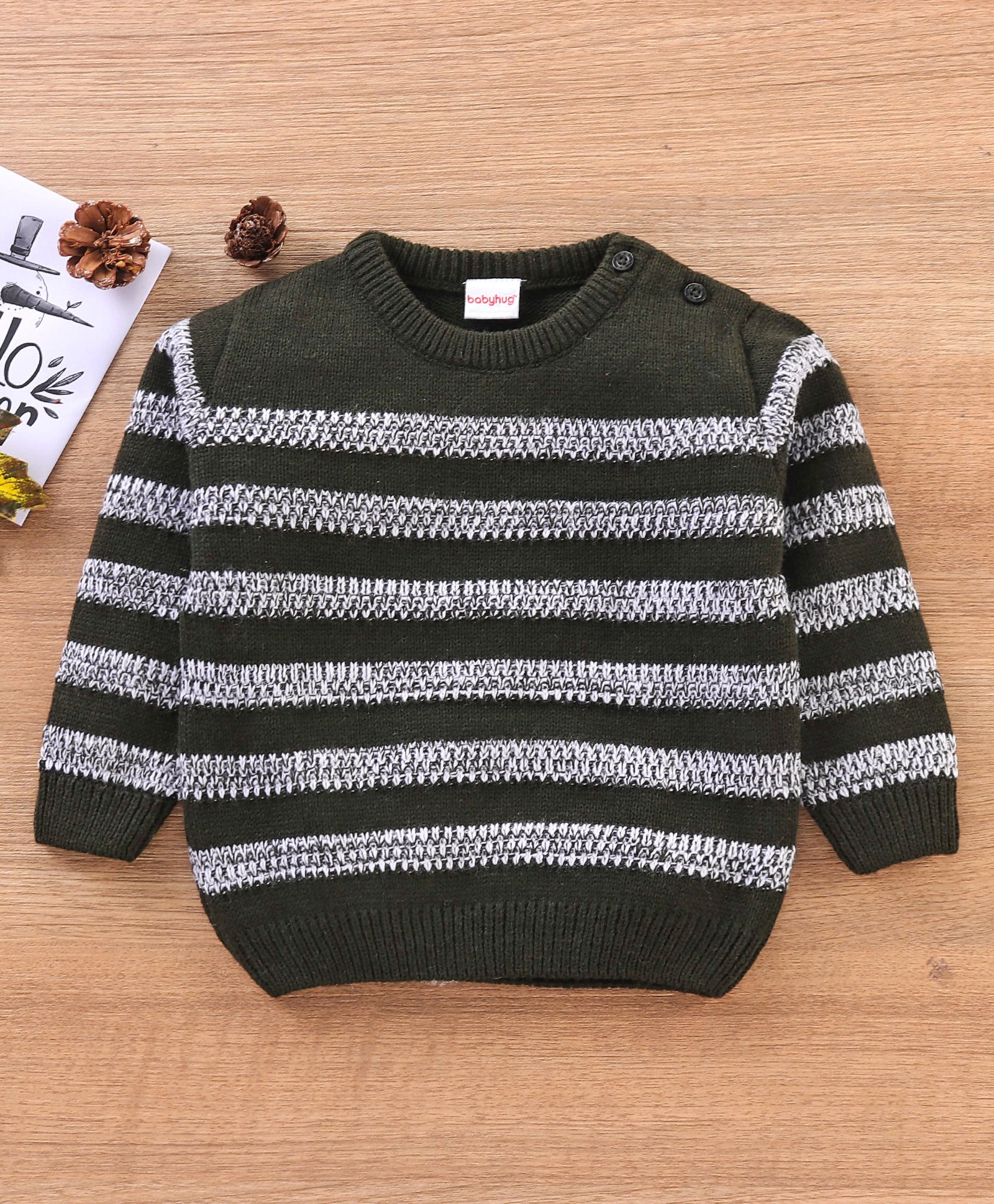 Babyhug Full Sleeves Striped Pullover - Olive-image-7