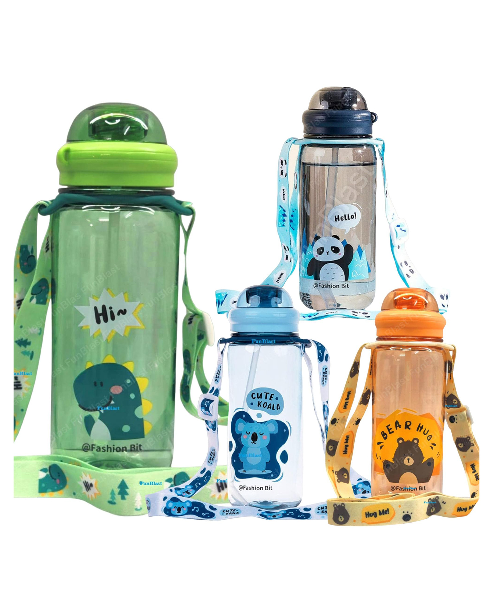 FunBlast Cartoon Animal Design Water Bottle with Straw - 1 Pc Random Color and Design-image-37