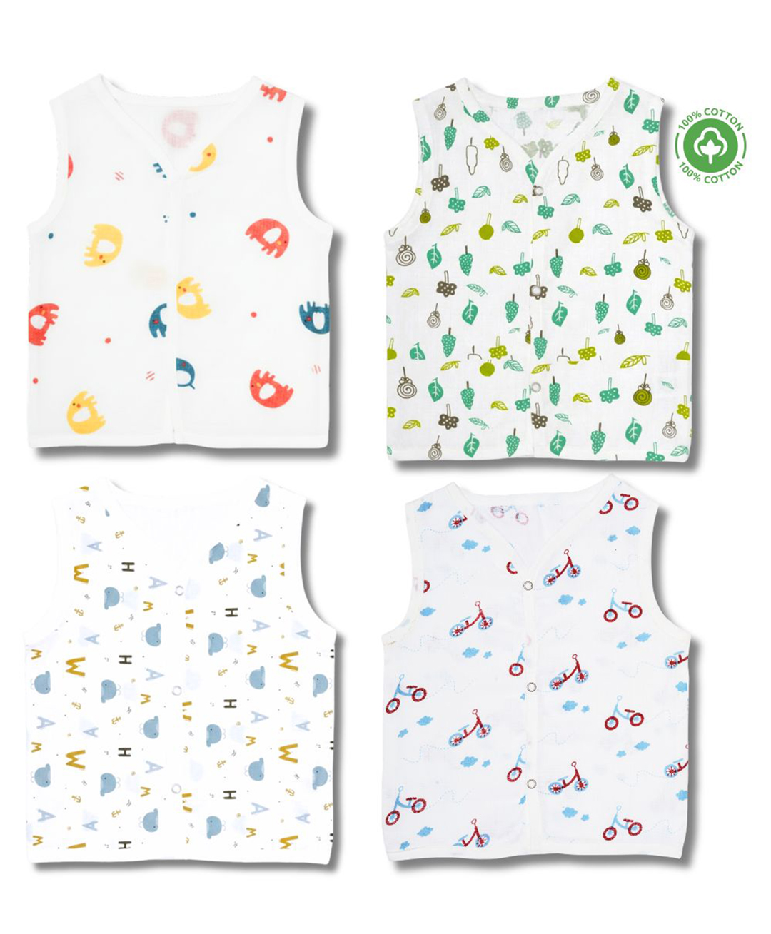 LazyToddler Sleeveless Cotton Organic Muslin Jhablas Solid Pack Of 4 - White-image-14