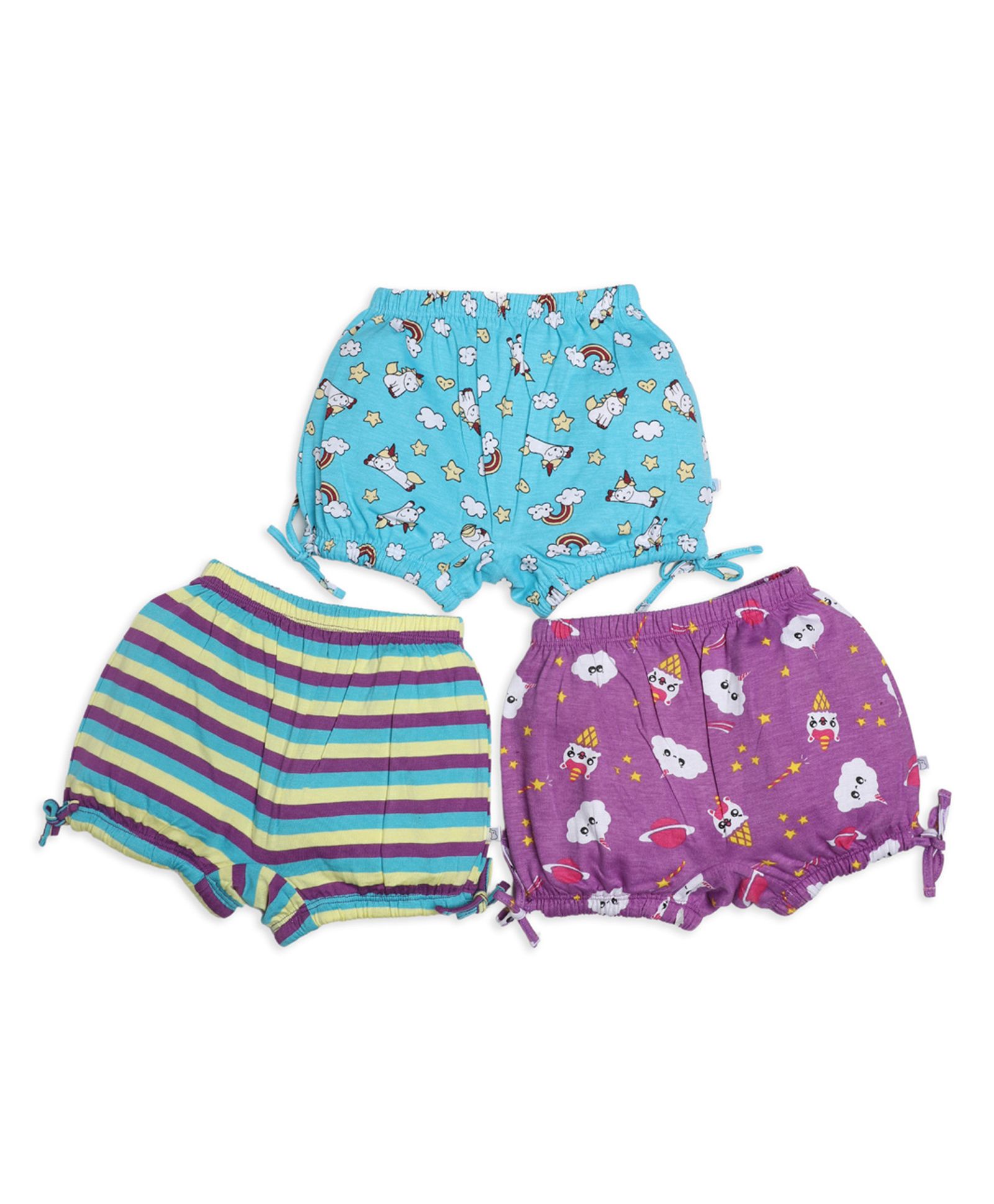 SuperBottoms Pack Of 3 Striped & All Over Clouds & Unicorn Print Briefs - Blue & Purple-picture-46