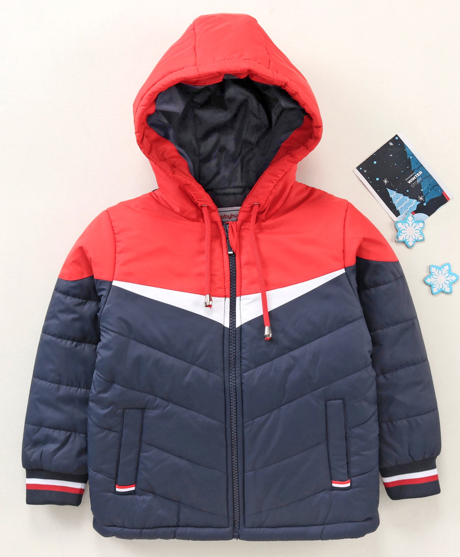 Babyhug Full Sleeves Hooded Padded Jacket Colour Block Pattern - Navy Red-image-9