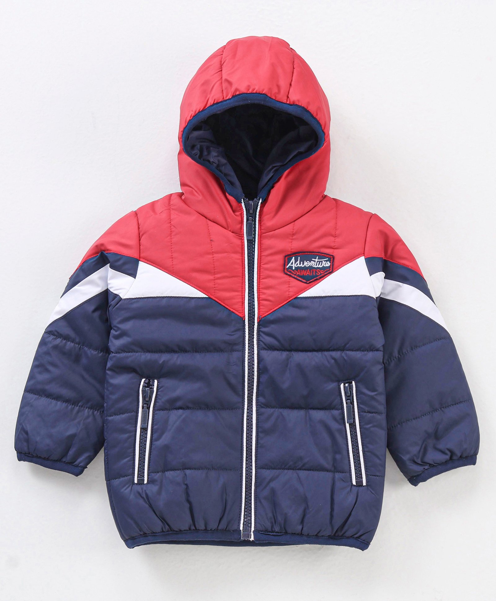 Babyhug Full Sleeves Hooded Padded Jacket Colour Block Pattern - Navy Red-image-7