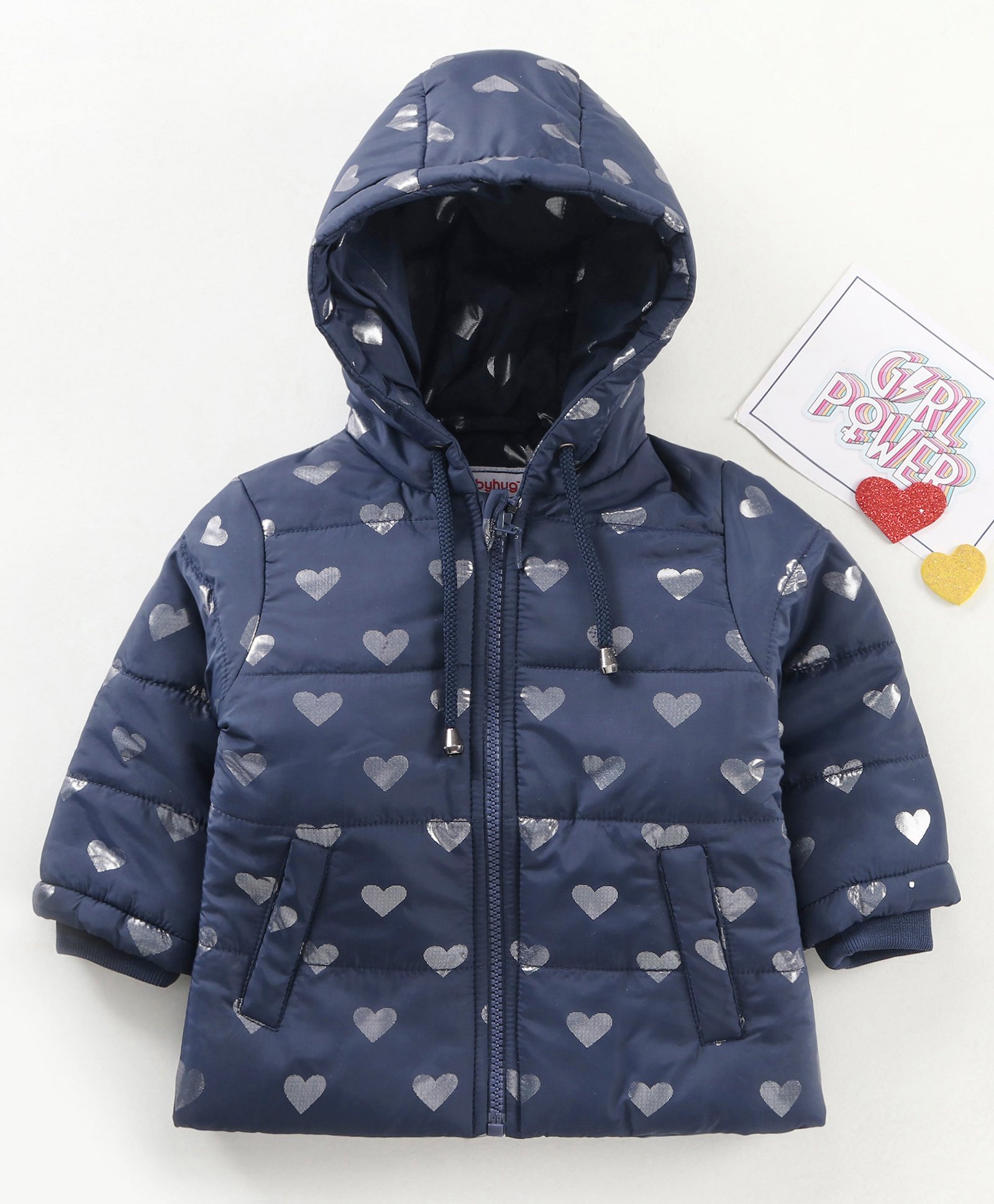 Babyhug Full Sleeves Hooded Jacket Heart Print - Navy Blue-image-39