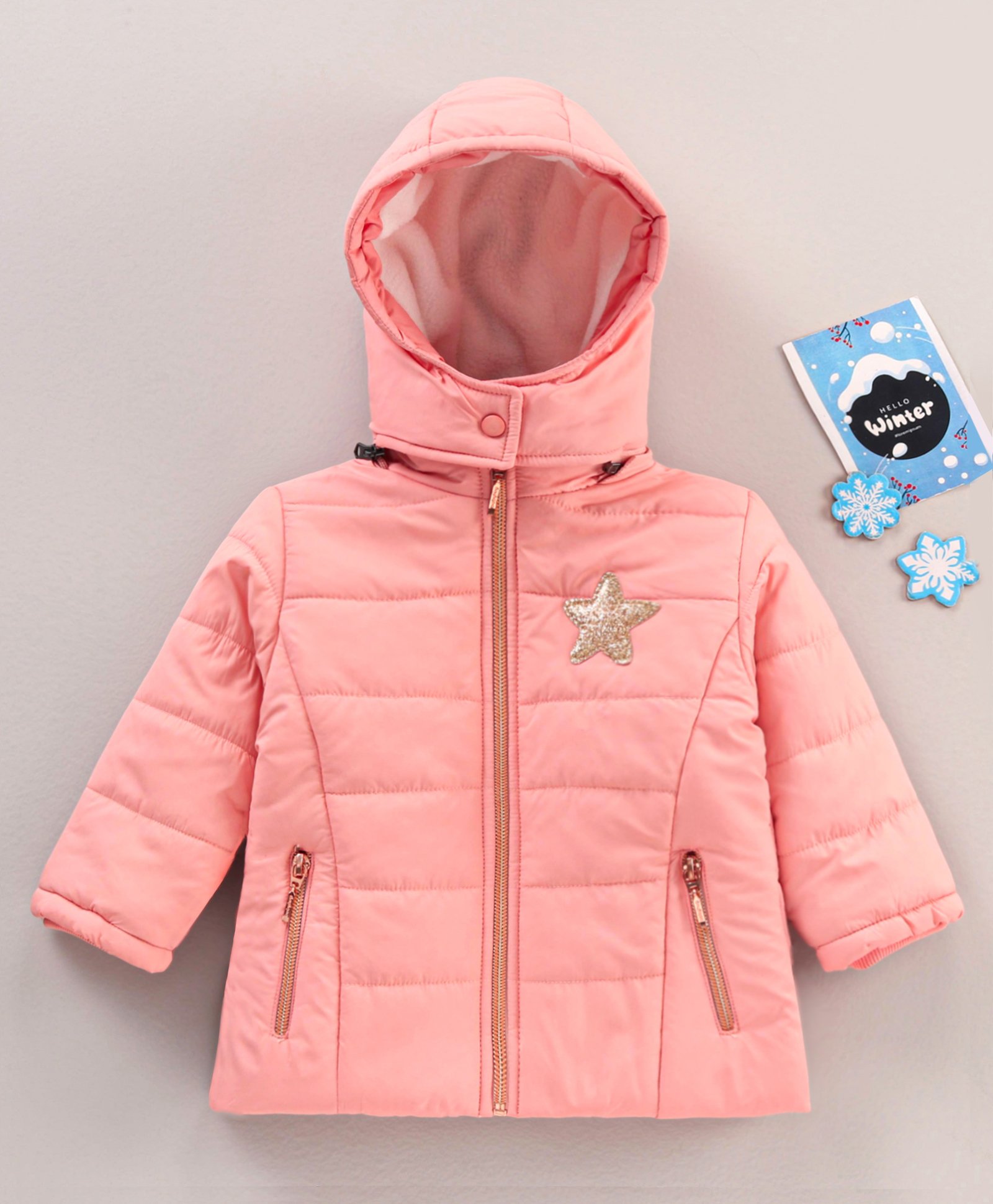 Babyhug Full Sleeves Hooded Fashion Heavy Winter Jacket Star Print - Pink-picture-25