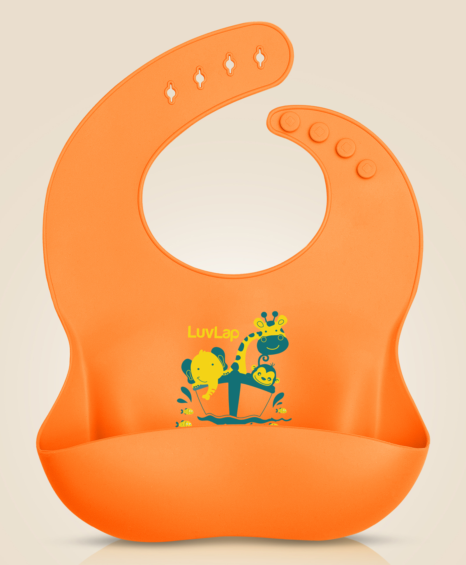 LuvLap Waterproof Silicone Bib With Adjustable Button Closure Animals Print - Orange