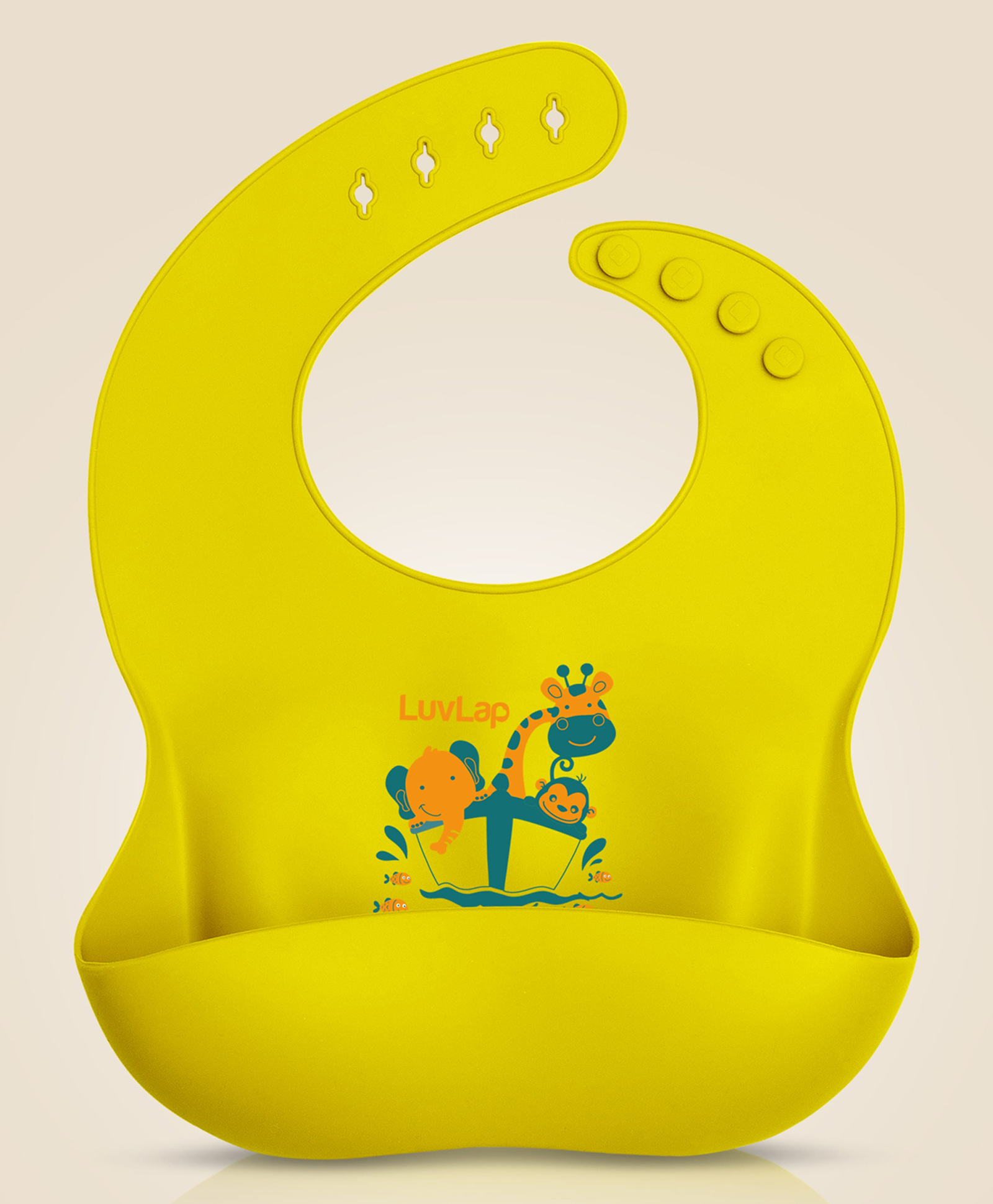 LuvLap Waterproof Silicone Bib With Adjustable Button Closure Animals Print - Yellow-picture-7