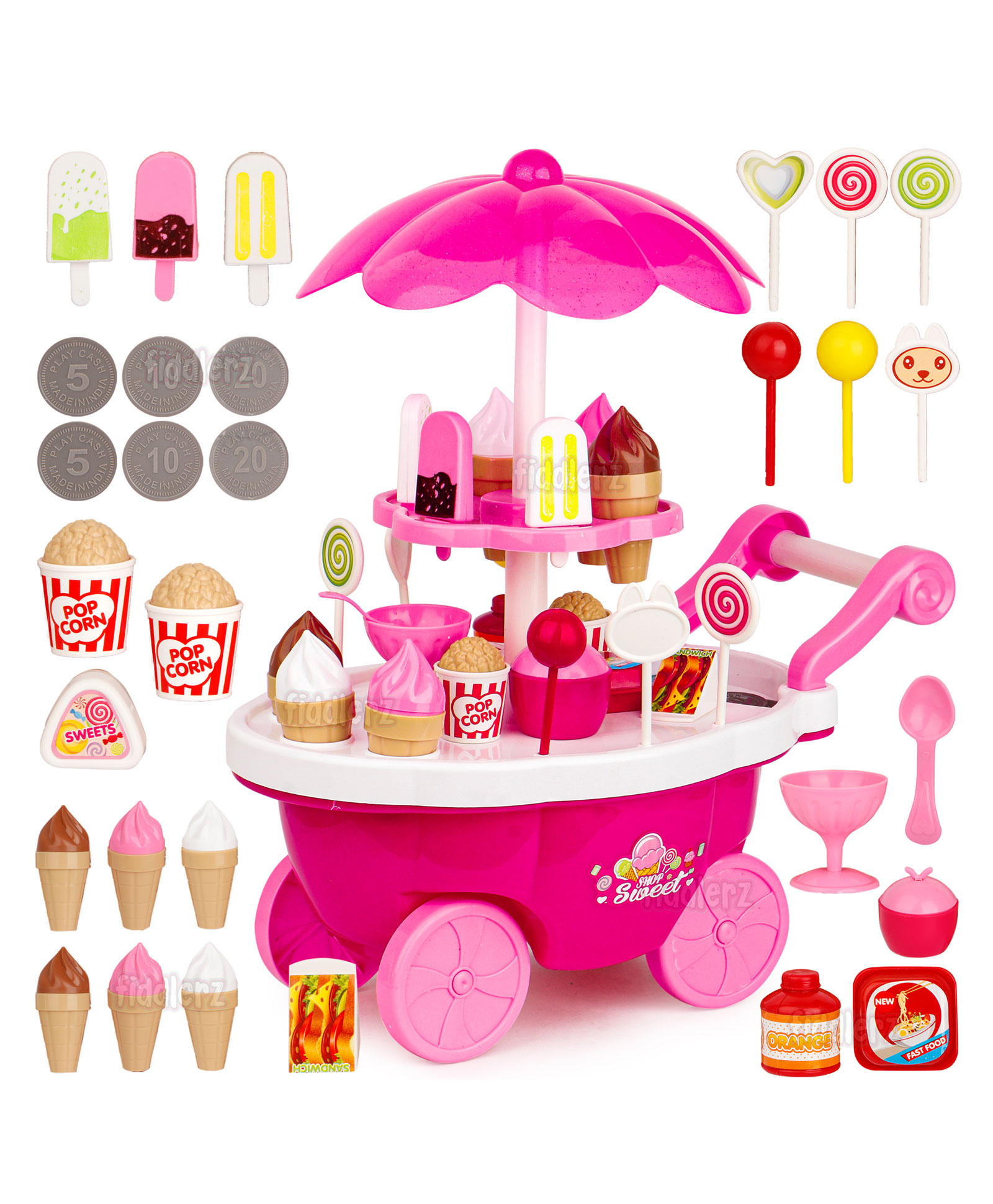 Fiddlerz Battery Operated Ice Cream Trolley Pretend Play Sweet Shopping Cart with Lights & Music Set of 39 Pieces - Multicolour-picture-23