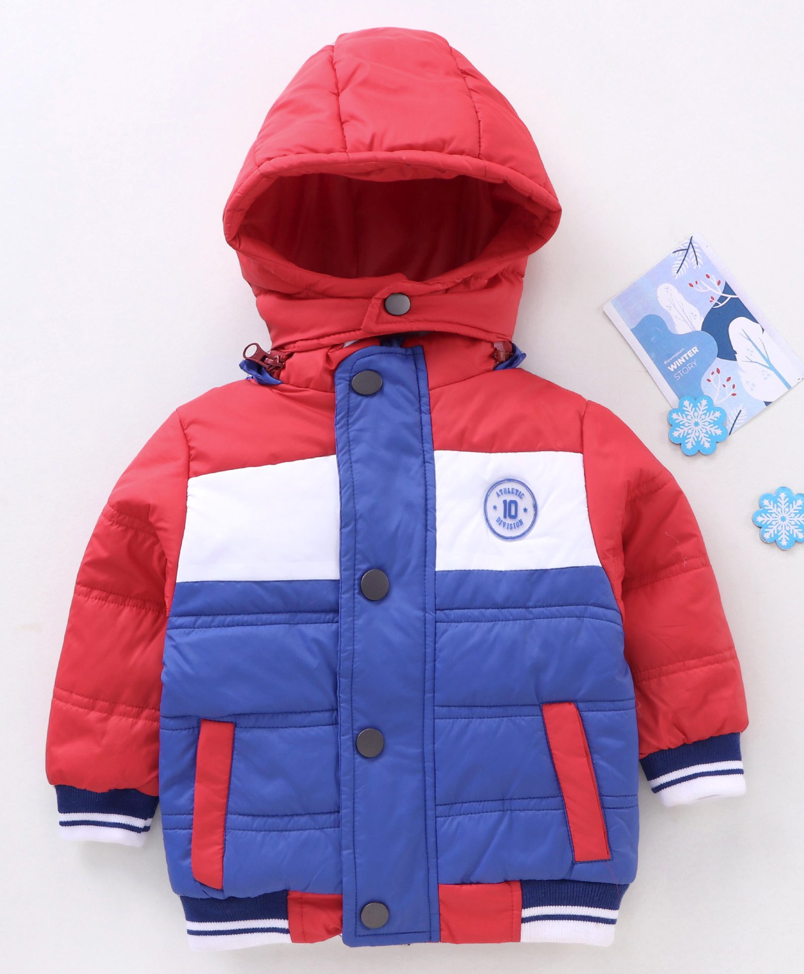 Babyhug Full Sleeves Color Block Hooded Padded Jacket - Blue Red-image-12